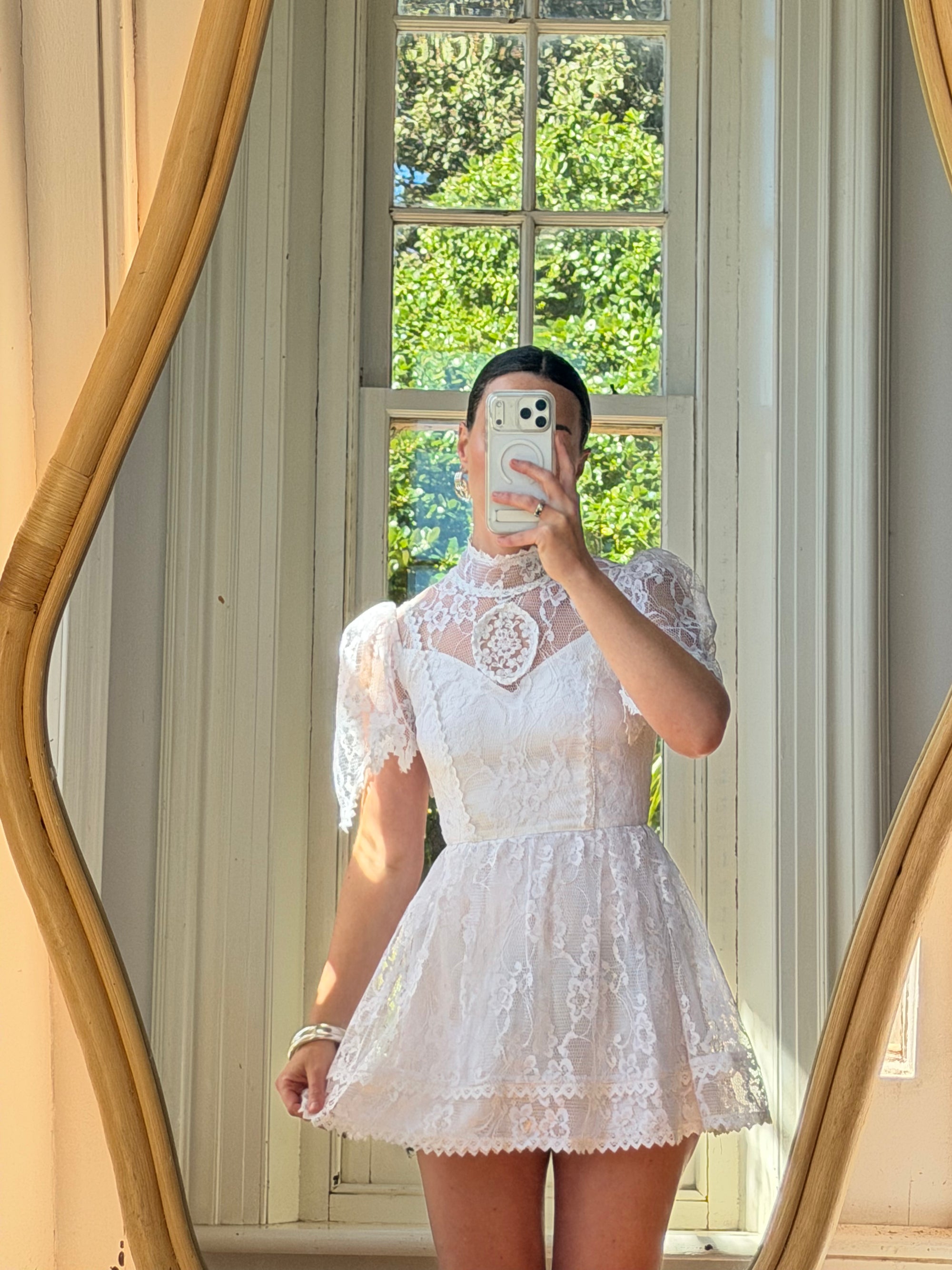 Vintage 70s Prairie Lace Micro Mini Bridal Dress