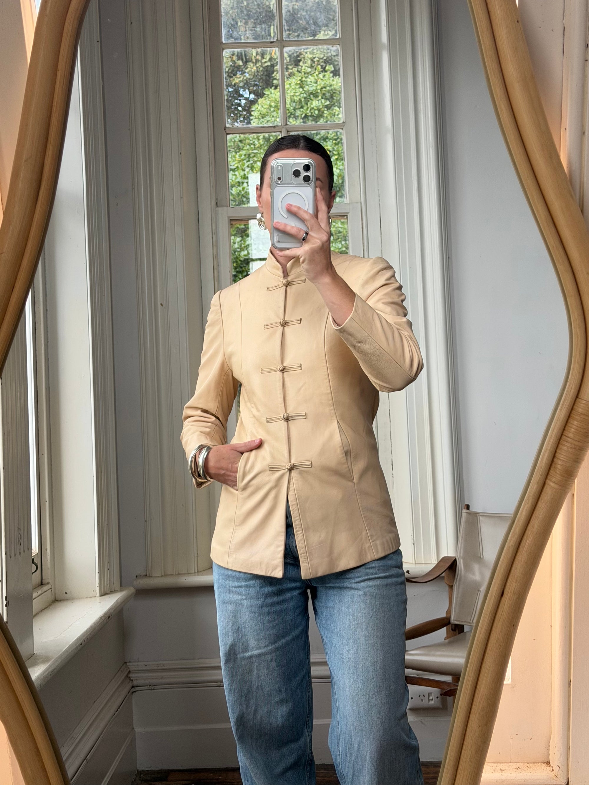 Vintage 90s Cream Leather Mandarin Collar Jacket