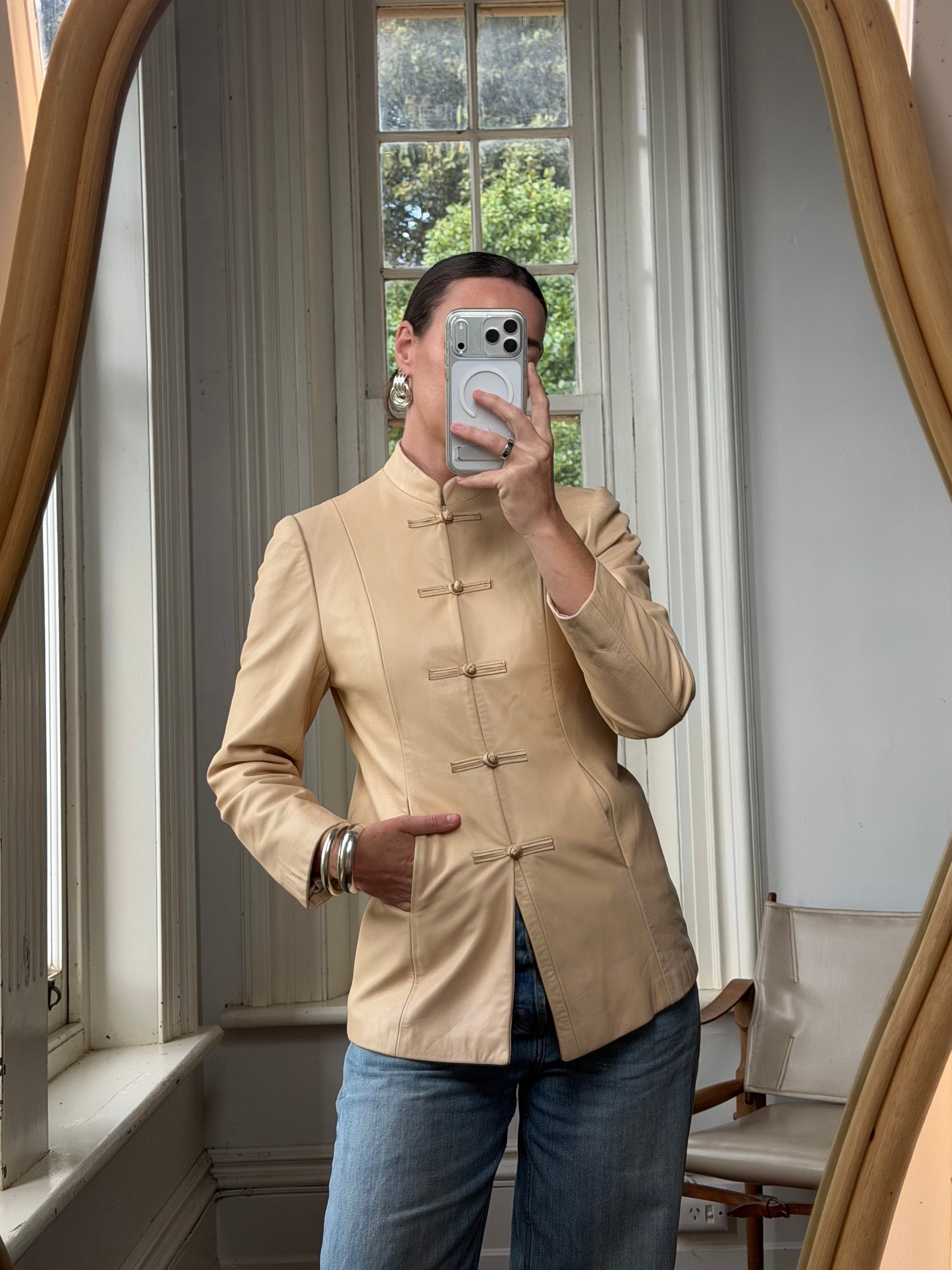 Vintage 90s Cream Leather Mandarin Collar Jacket