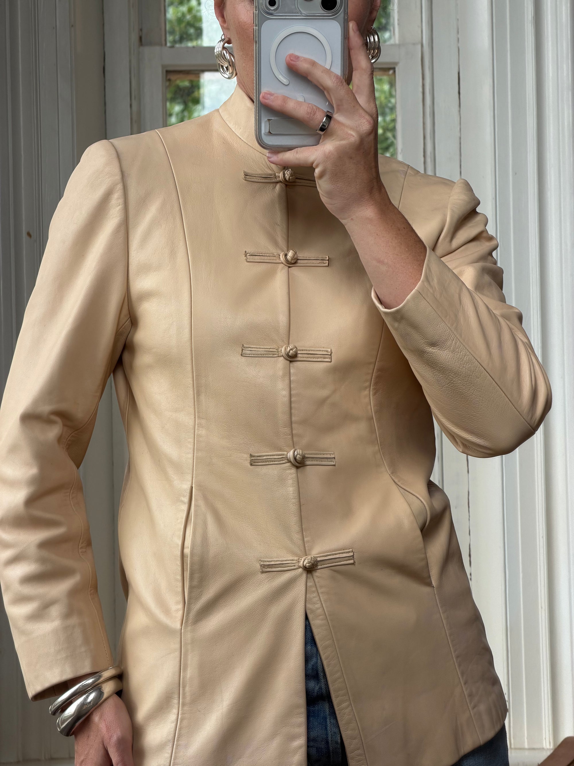 Vintage 90s Cream Leather Mandarin Collar Jacket