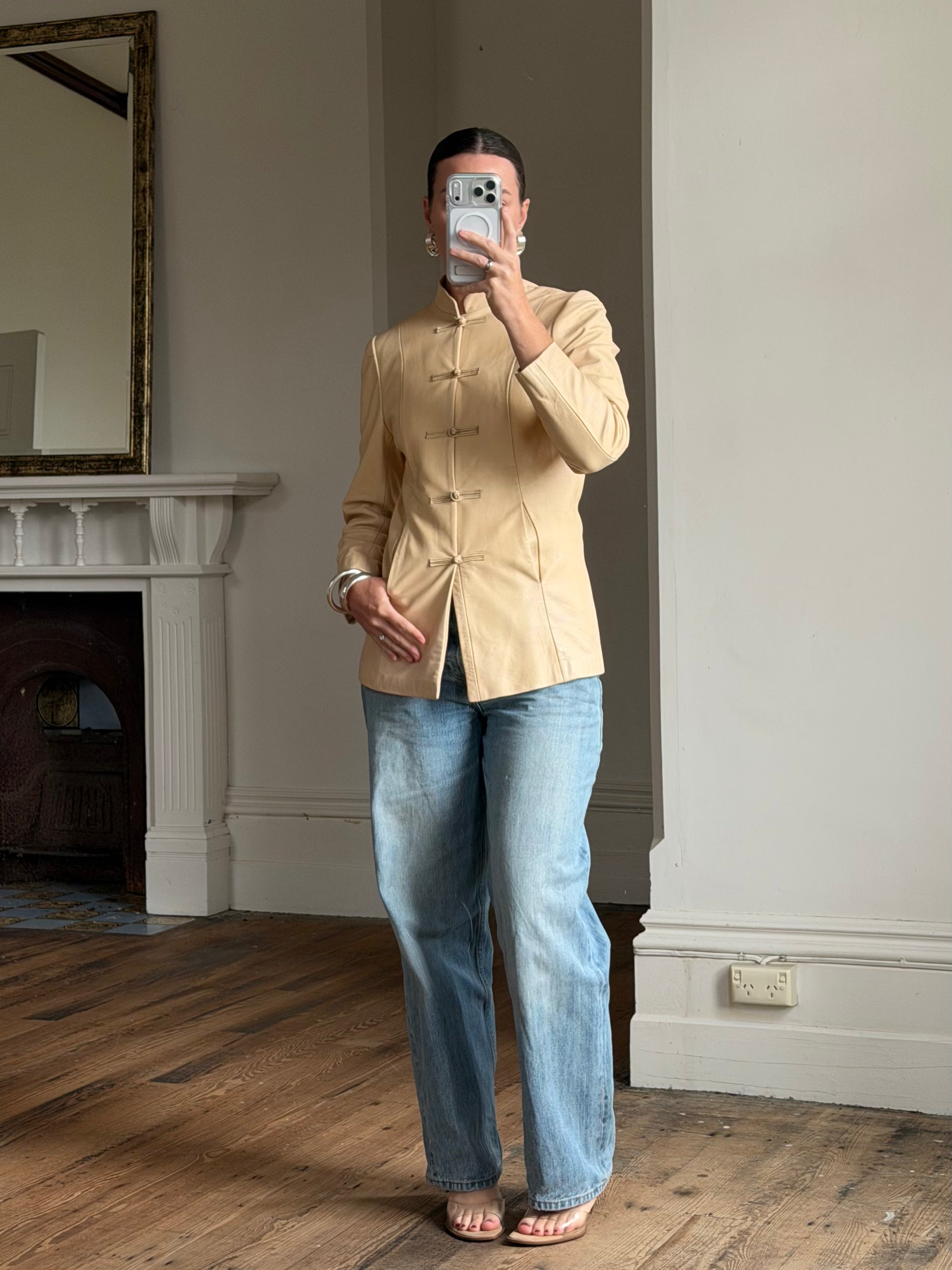 Vintage 90s Cream Leather Mandarin Collar Jacket