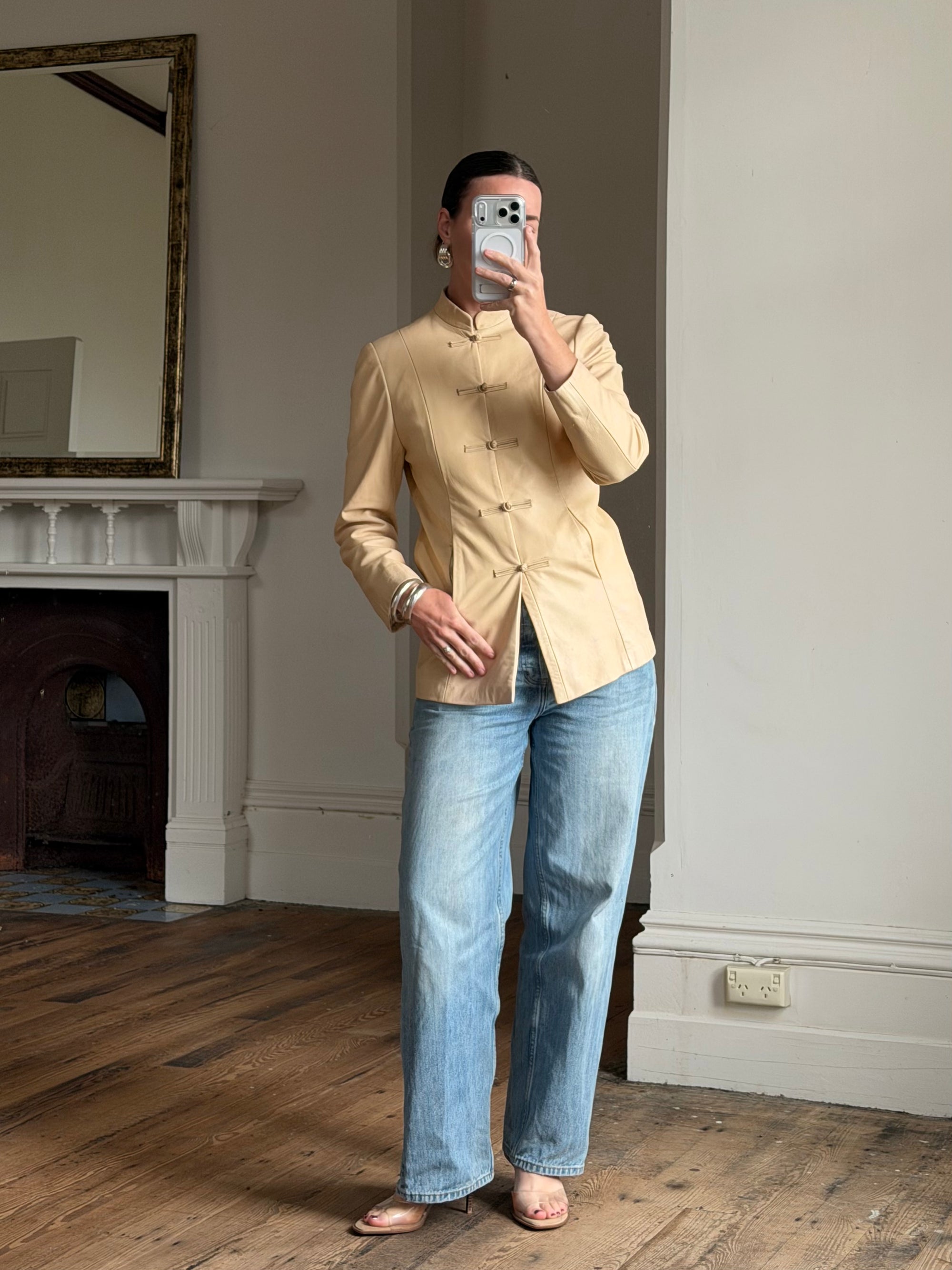 Vintage 90s Cream Leather Mandarin Collar Jacket