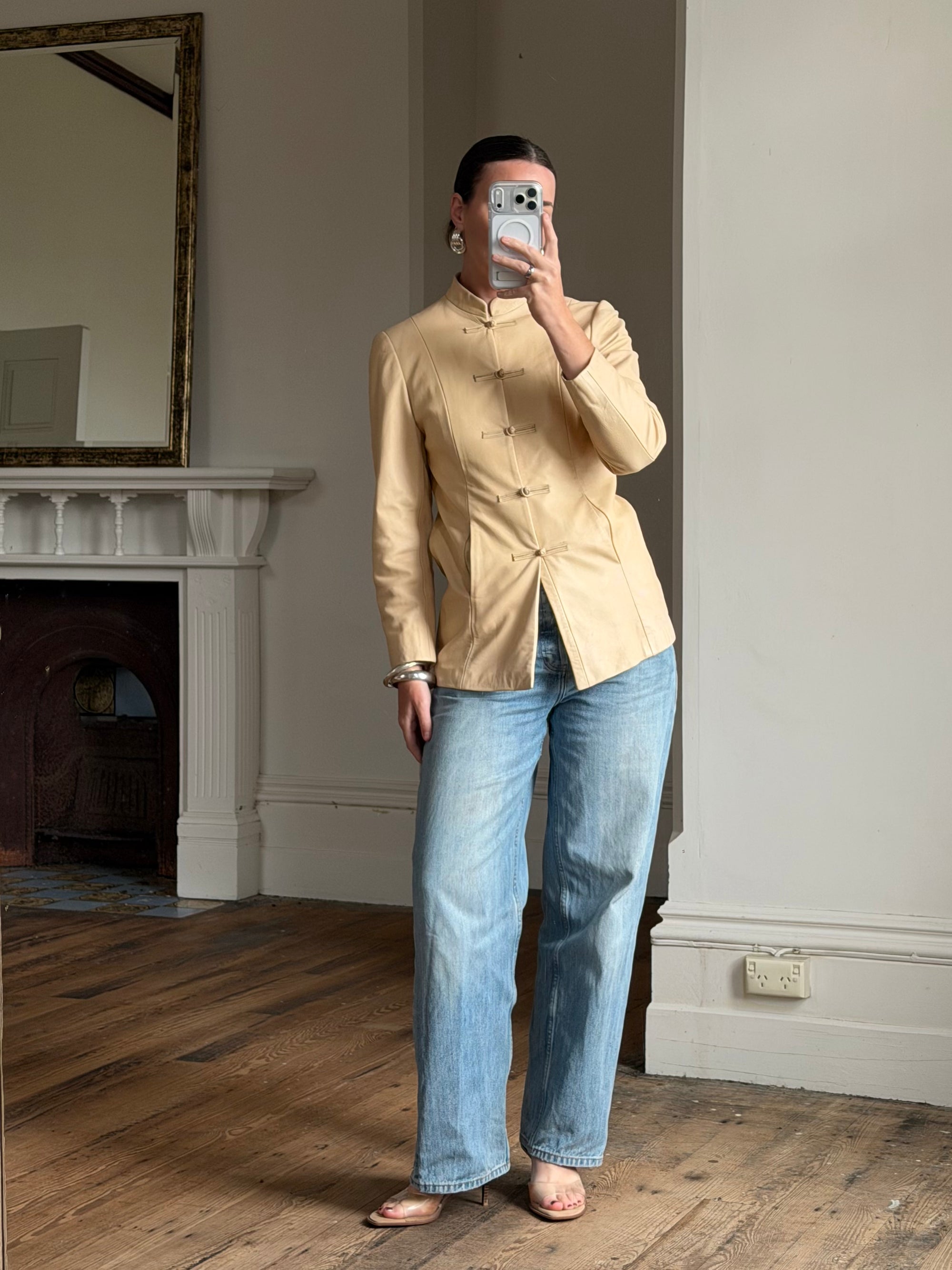 Vintage 90s Cream Leather Mandarin Collar Jacket