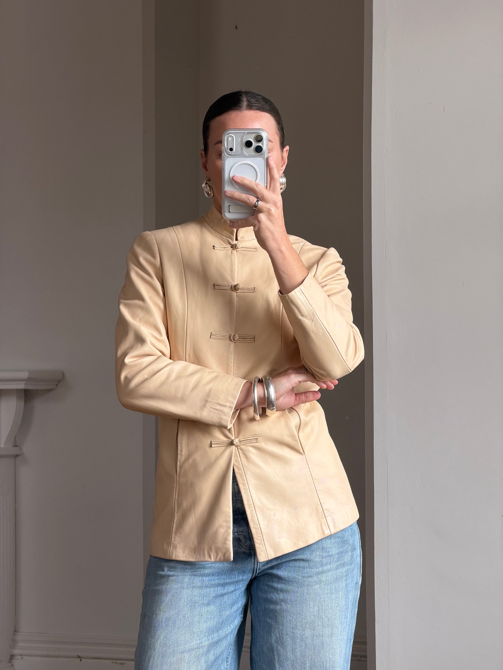 Vintage 90s Cream Leather Mandarin Collar Jacket