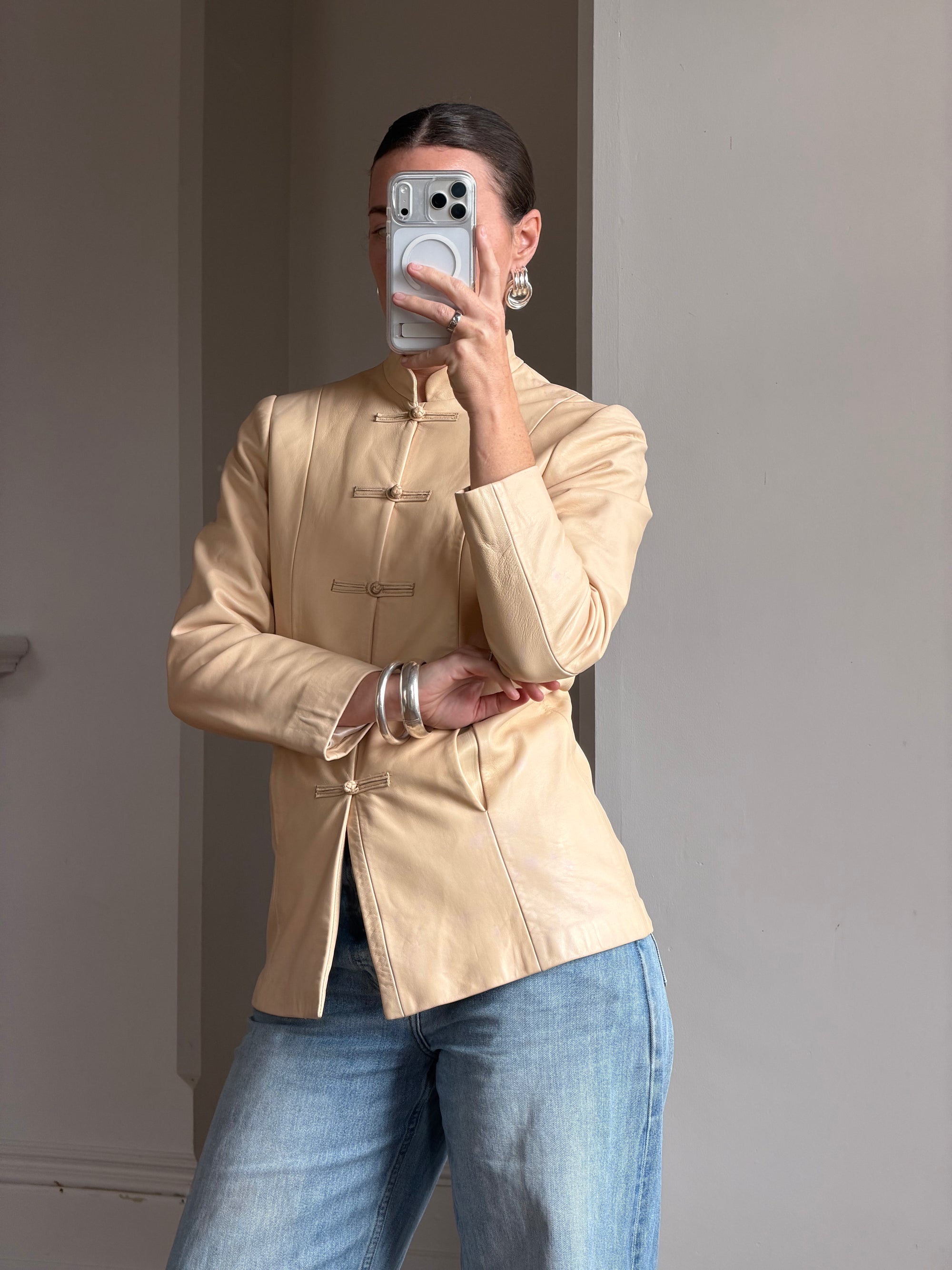 Vintage 90s Cream Leather Mandarin Collar Jacket