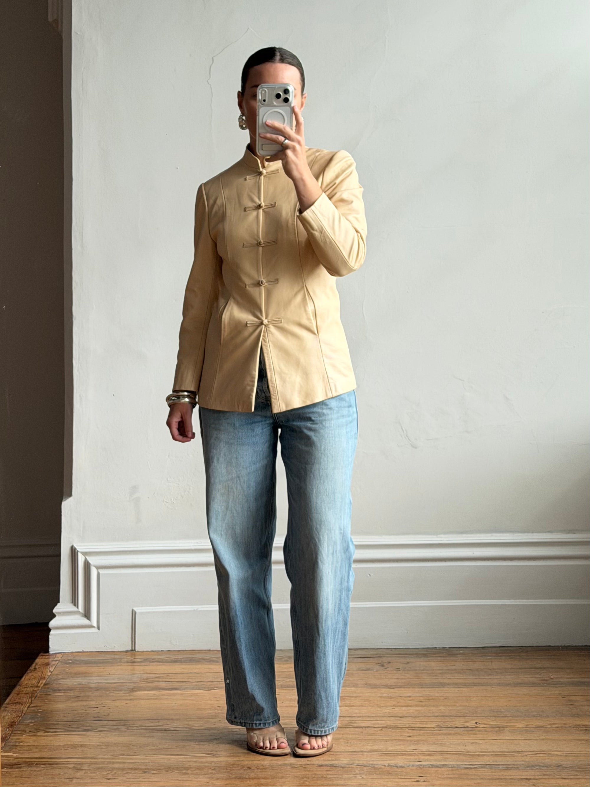Vintage 90s Cream Leather Mandarin Collar Jacket