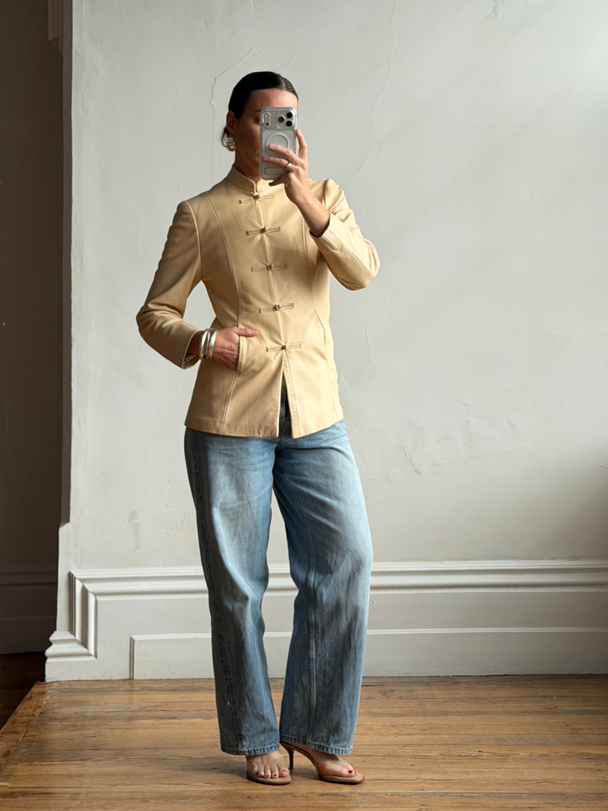 Vintage 90s Cream Leather Mandarin Collar Jacket