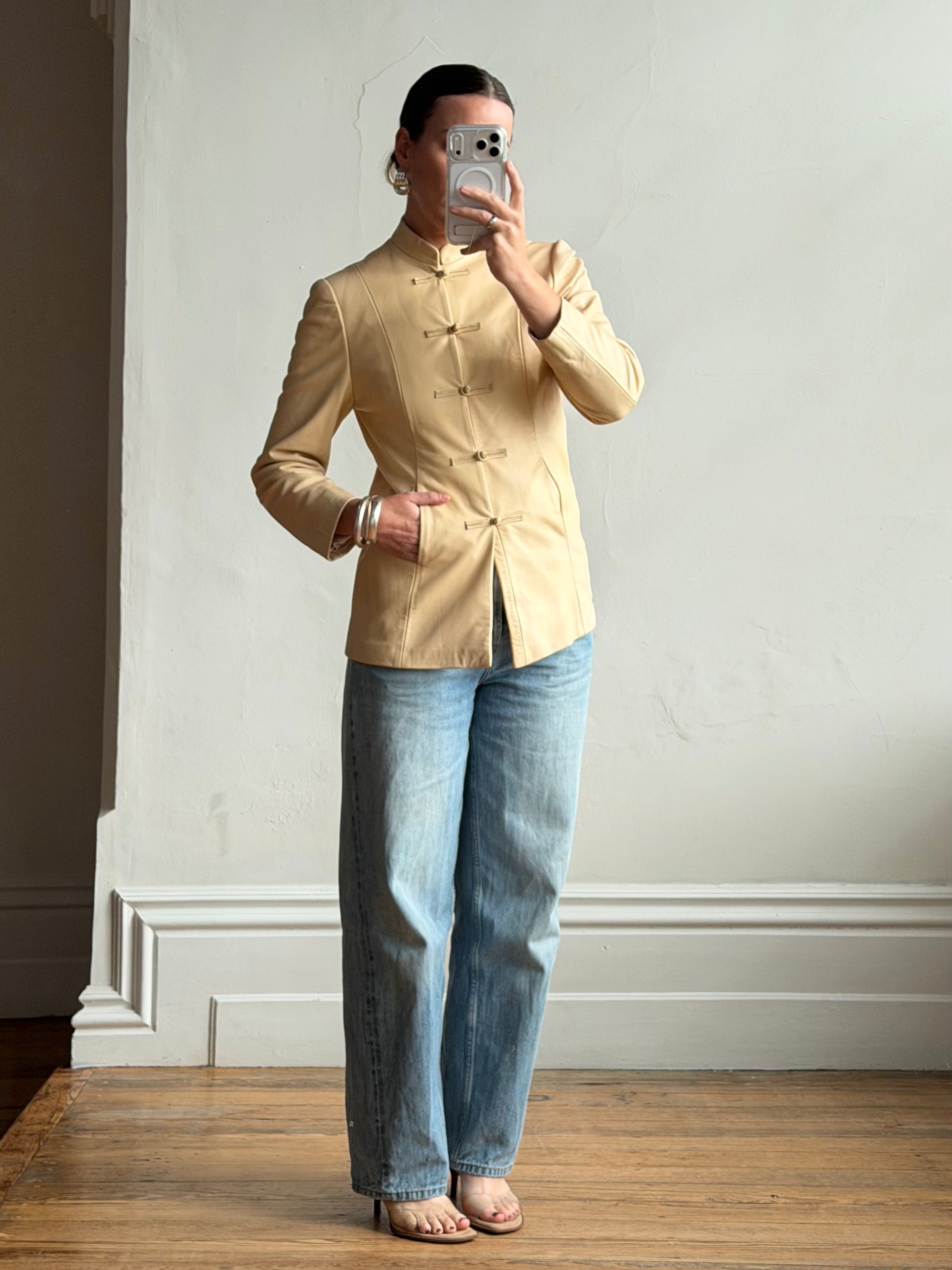 Vintage 90s Cream Leather Mandarin Collar Jacket