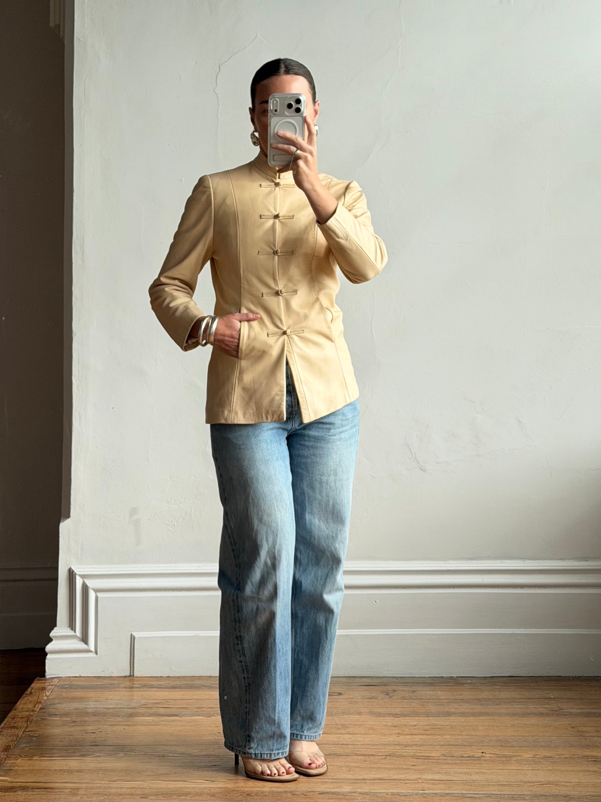 Vintage 90s Cream Leather Mandarin Collar Jacket