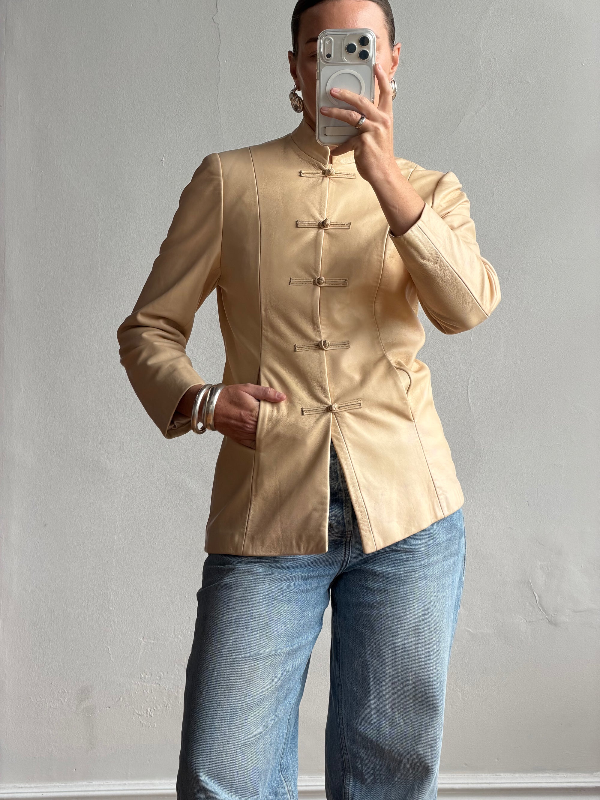 Vintage 90s Cream Leather Mandarin Collar Jacket