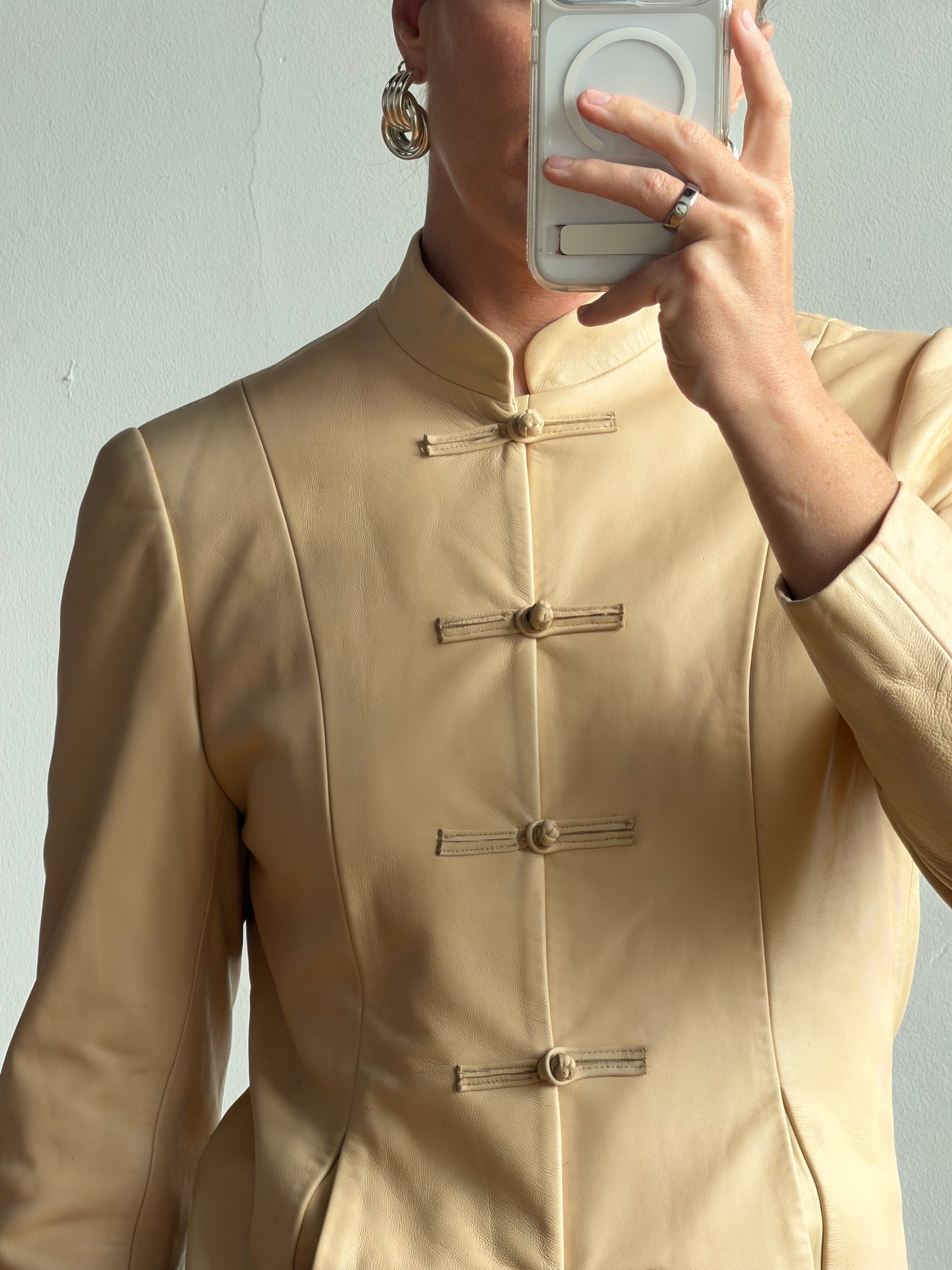 Vintage 90s Cream Leather Mandarin Collar Jacket