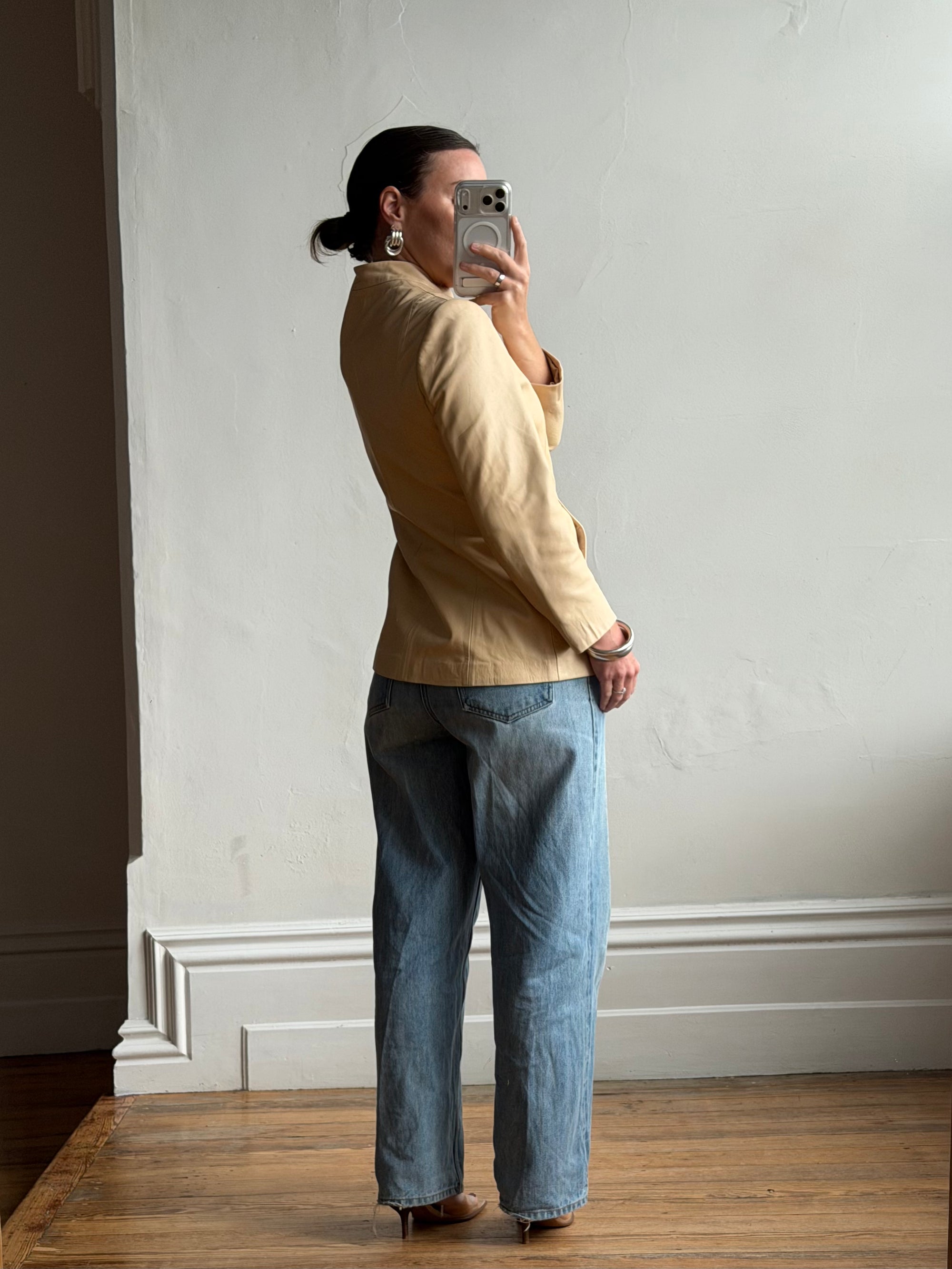Vintage 90s Cream Leather Mandarin Collar Jacket