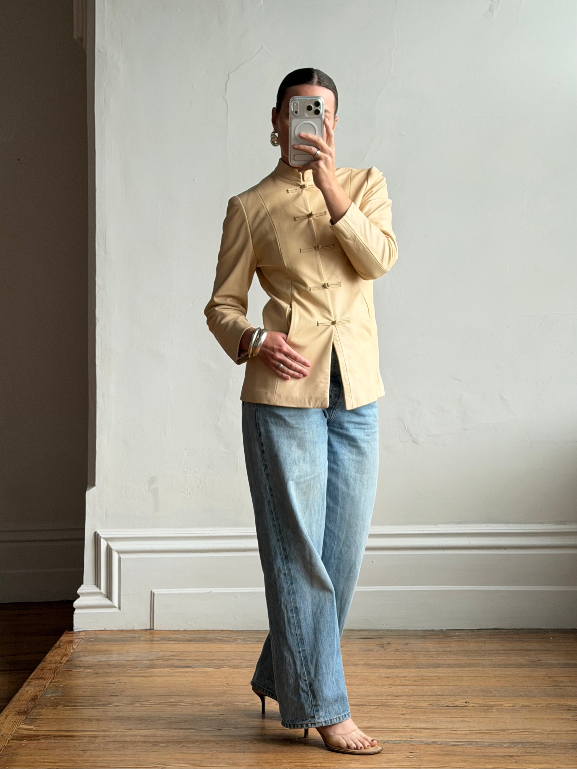 Vintage 90s Cream Leather Mandarin Collar Jacket