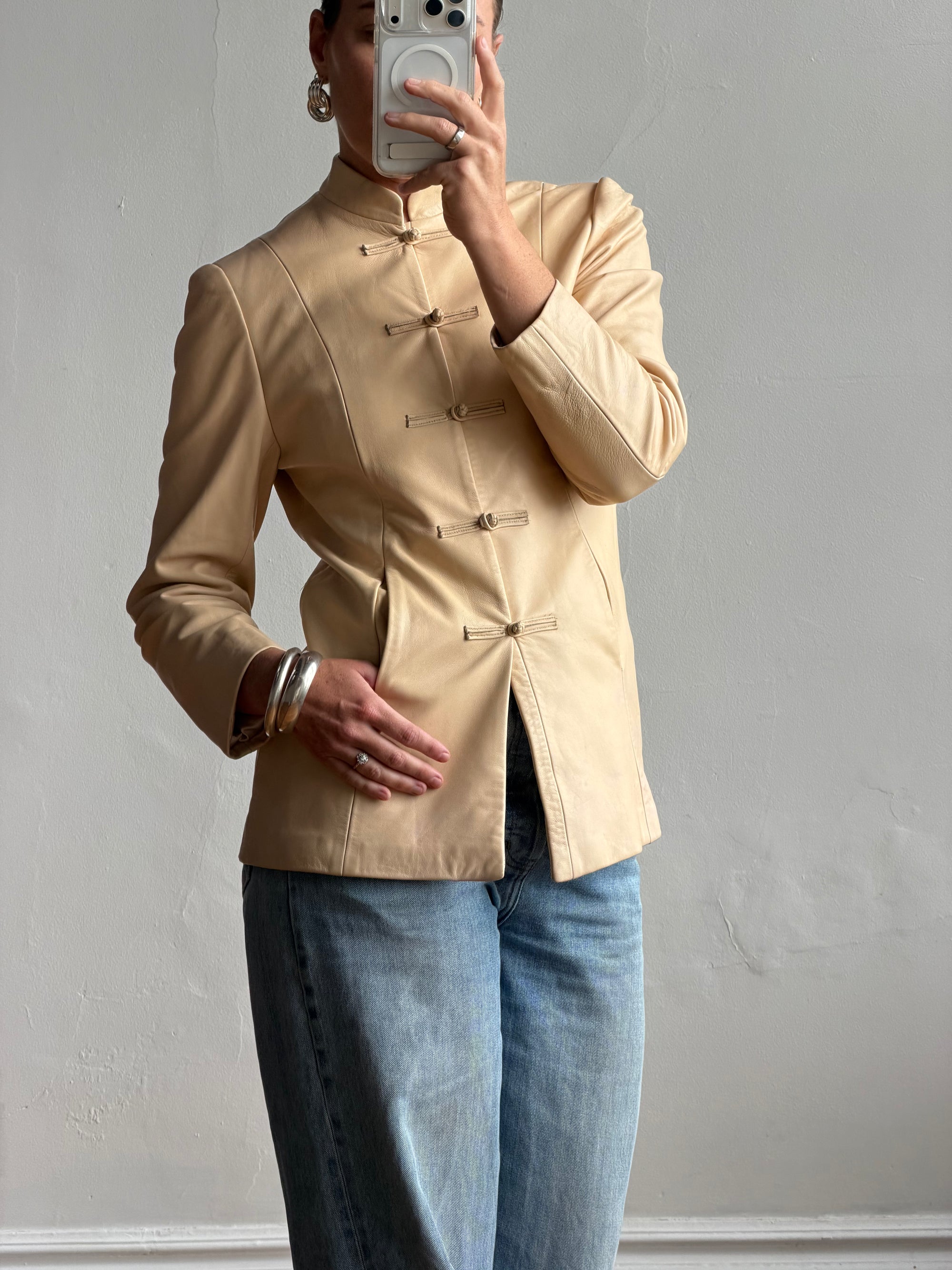 Vintage 90s Cream Leather Mandarin Collar Jacket