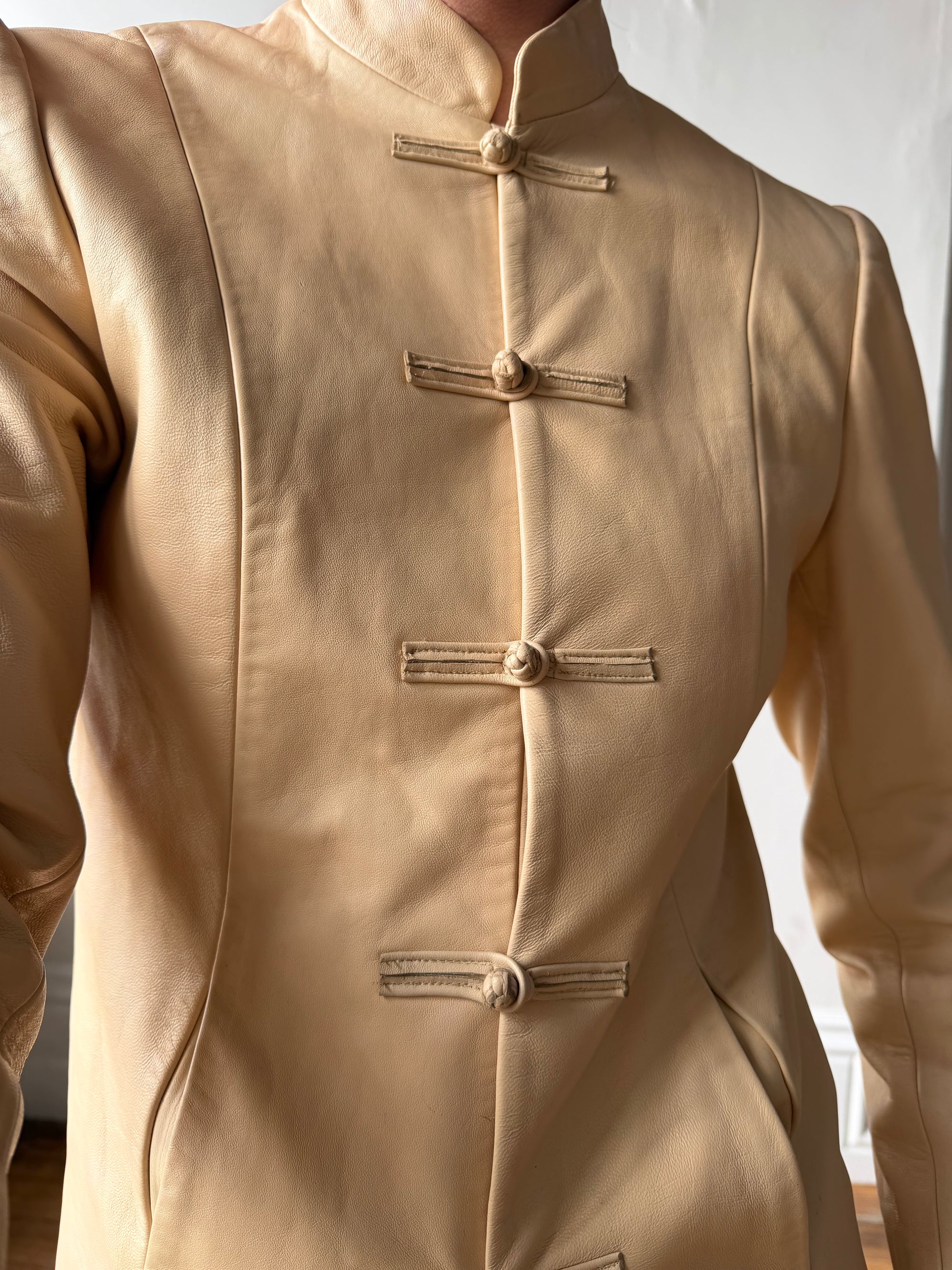 Vintage 90s Cream Leather Mandarin Collar Jacket