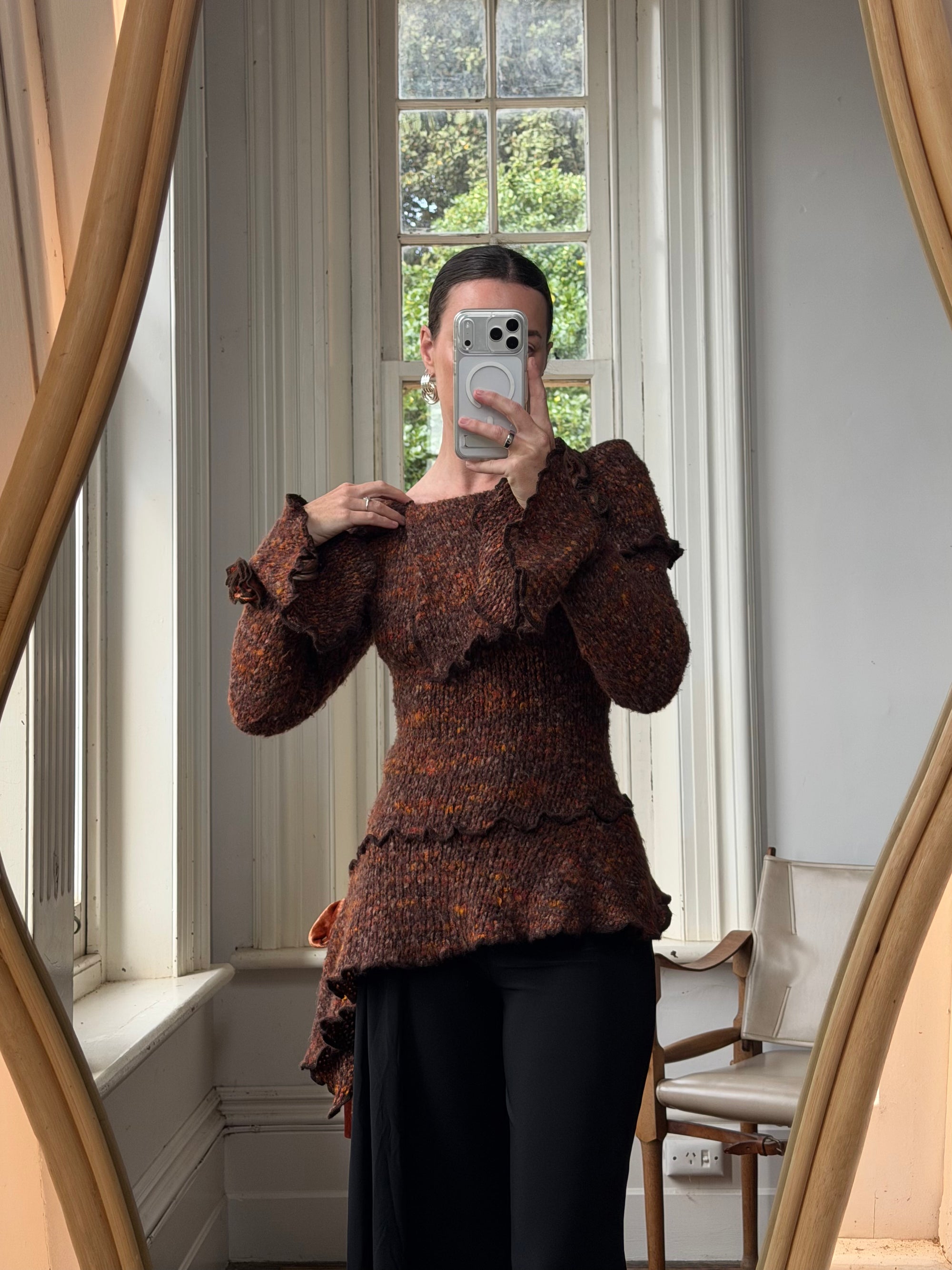 Vintage 90s Chunky Knit Fairy Top with Flowers Rust