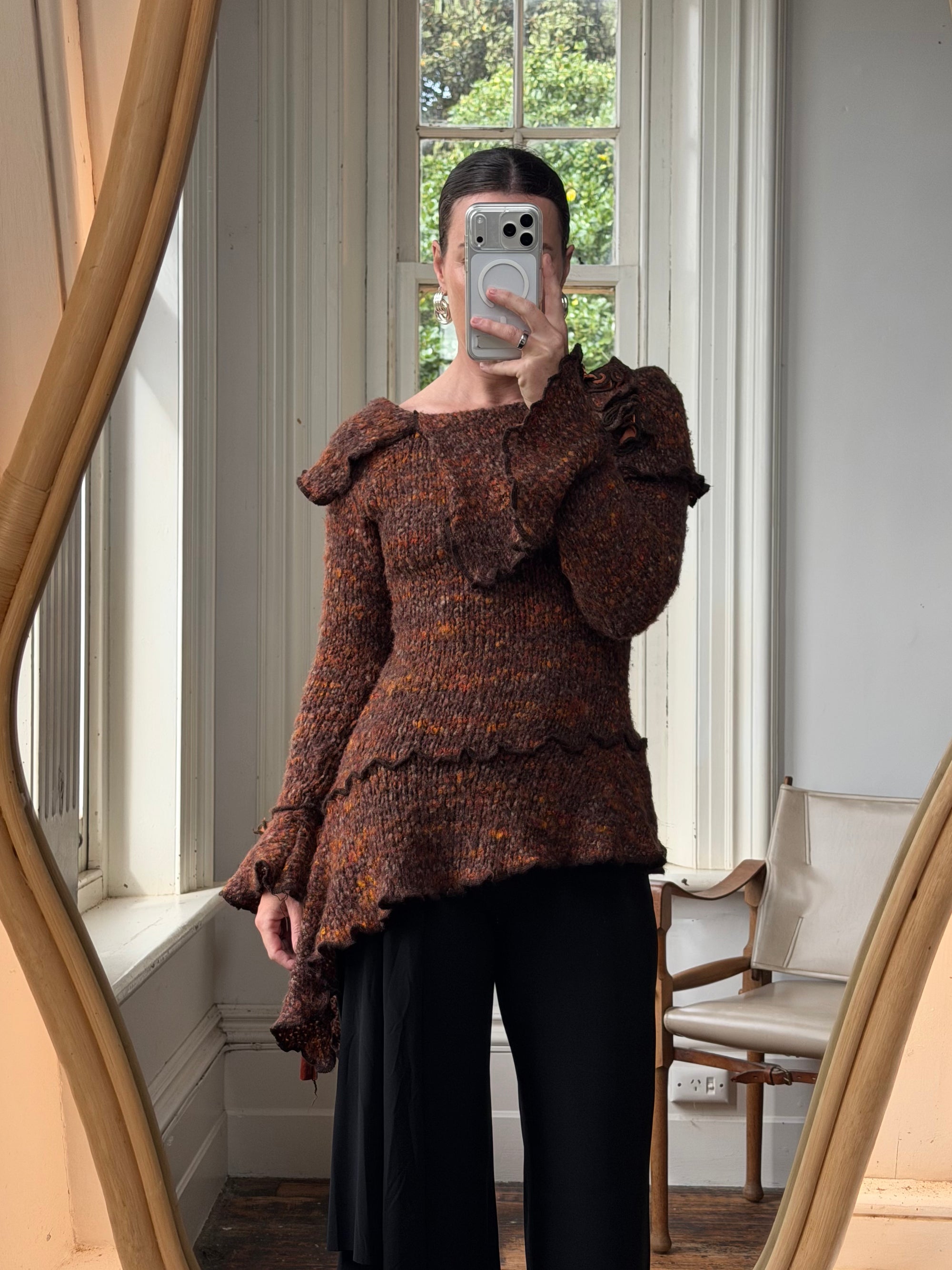 Vintage 90s Chunky Knit Fairy Top with Flowers Rust