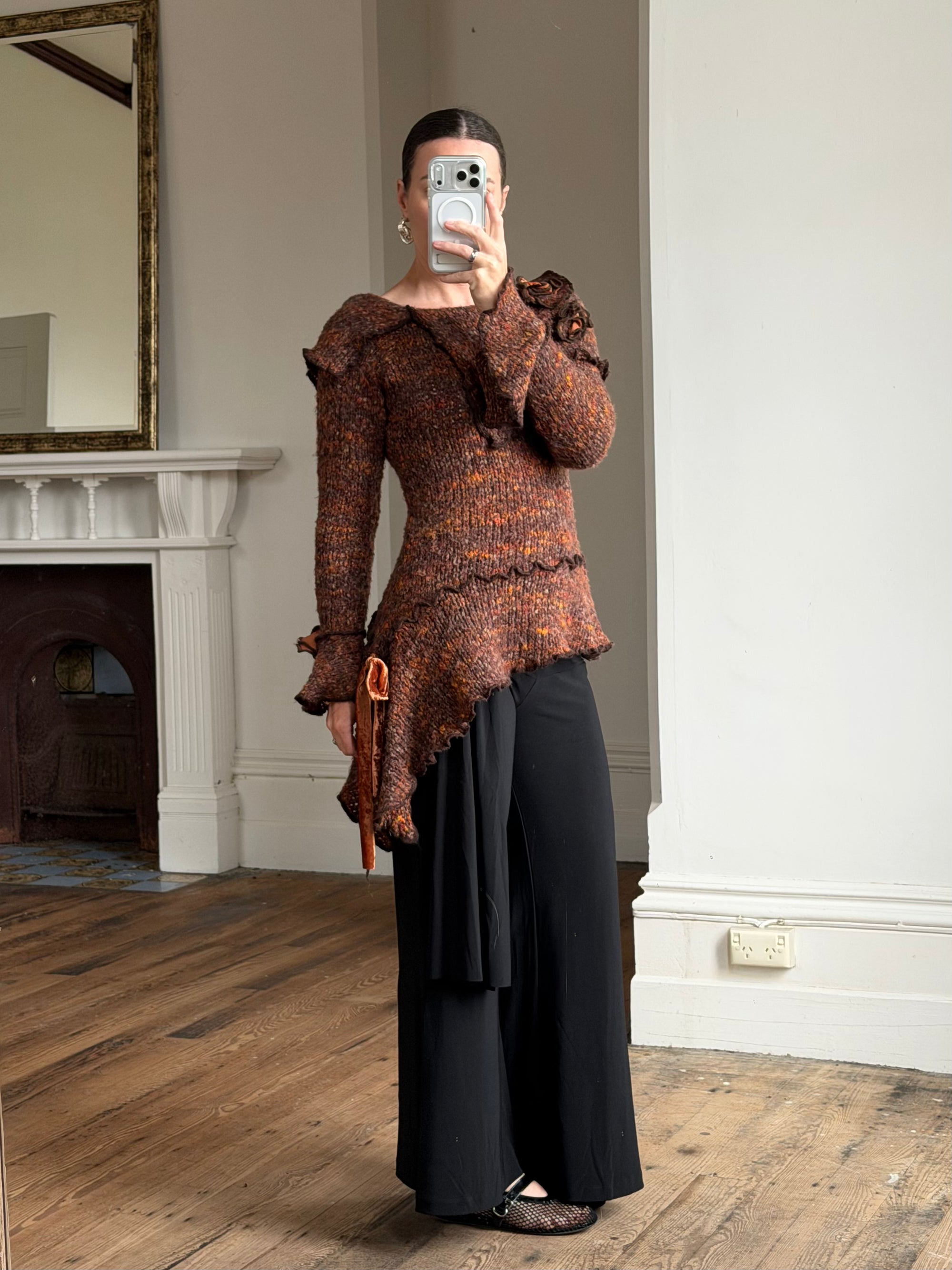 Vintage 90s Chunky Knit Fairy Top with Flowers Rust