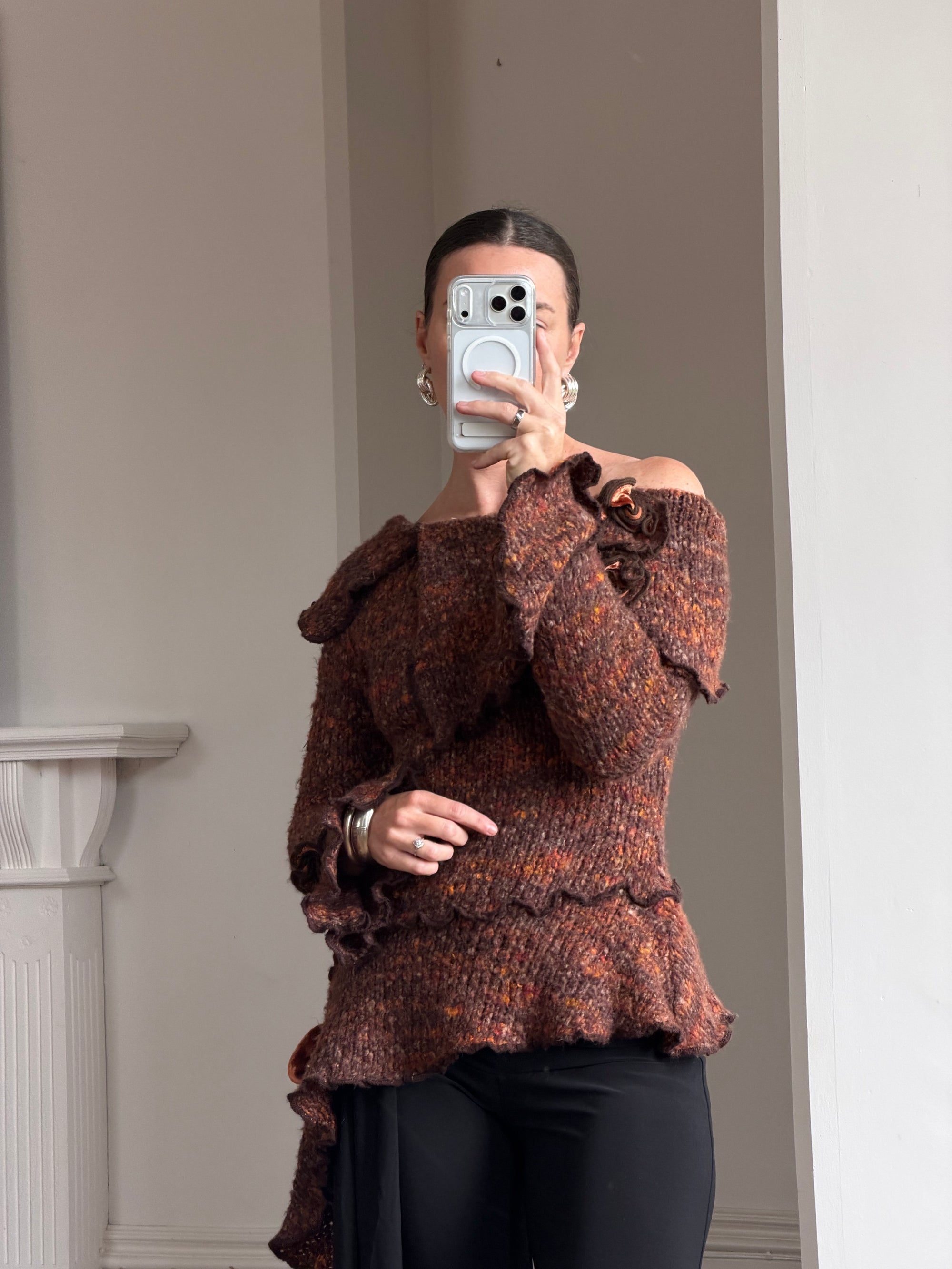 Vintage 90s Chunky Knit Fairy Top with Flowers Rust