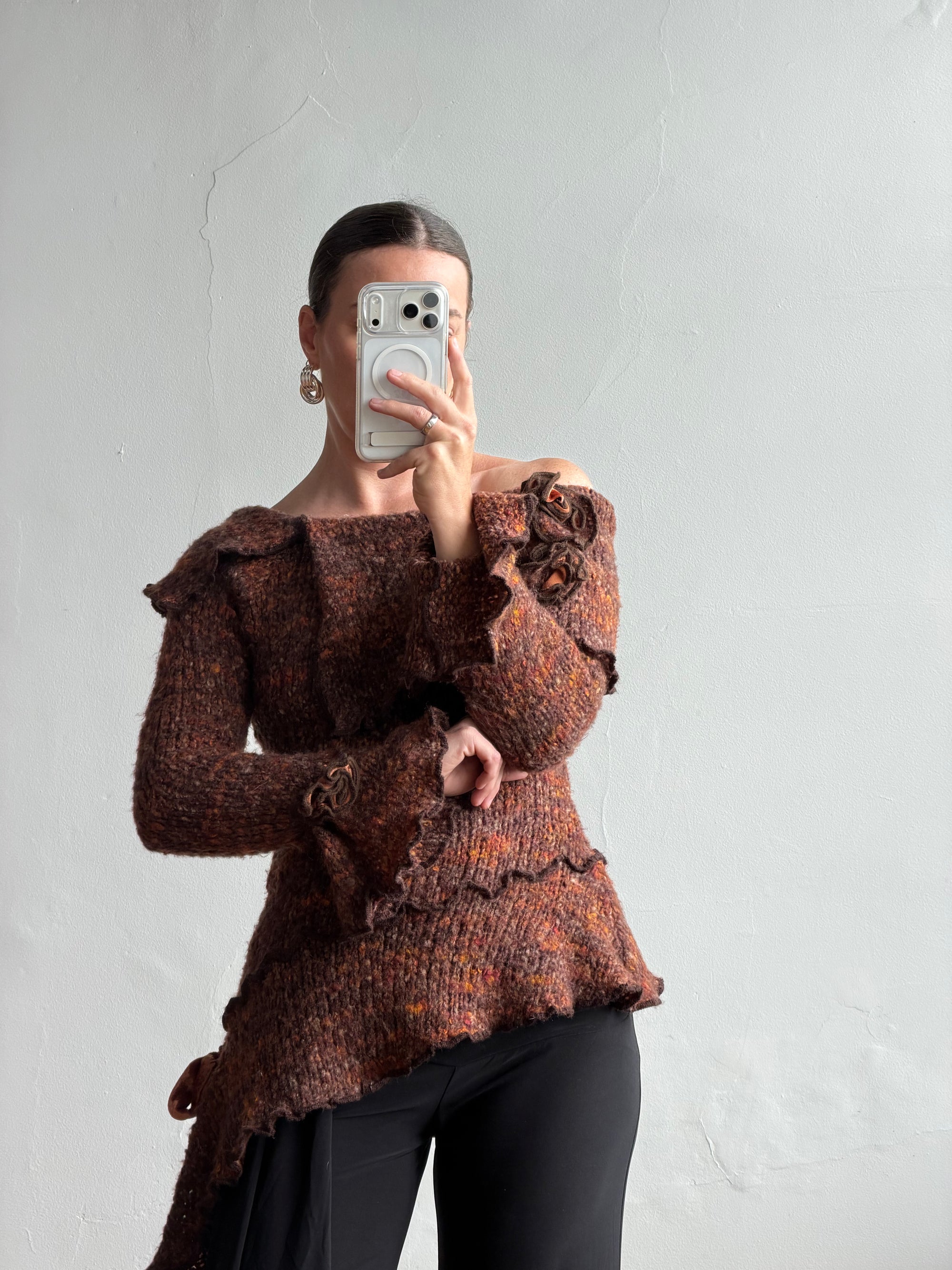 Vintage 90s Chunky Knit Fairy Top with Flowers Rust