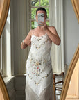 Vintage 90s Pure Silk Embroidered Fringe Maxi Dress Ivory