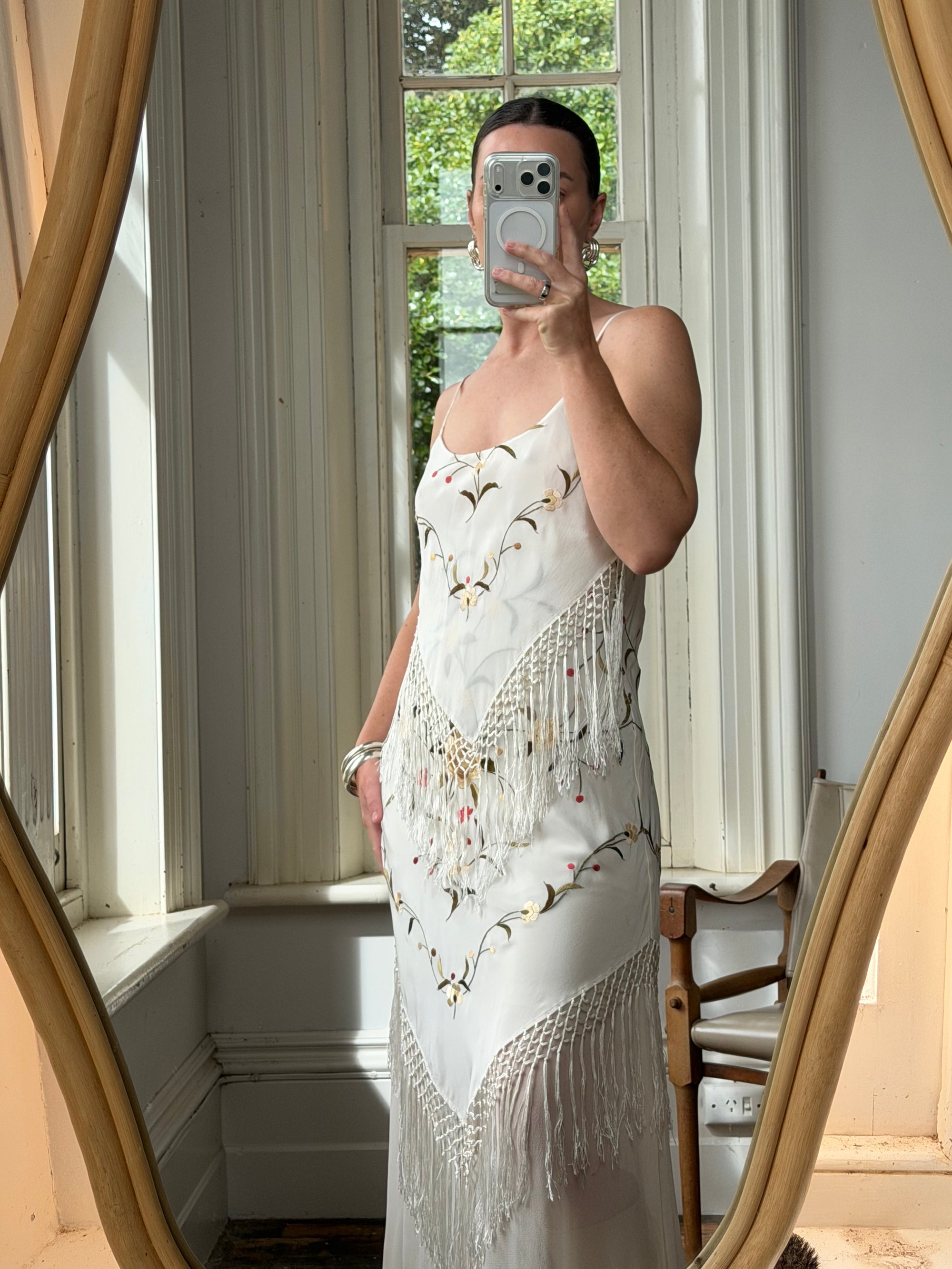 Vintage 90s Pure Silk Embroidered Fringe Maxi Dress Ivory