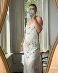 Vintage 90s Pure Silk Embroidered Fringe Maxi Dress Ivory