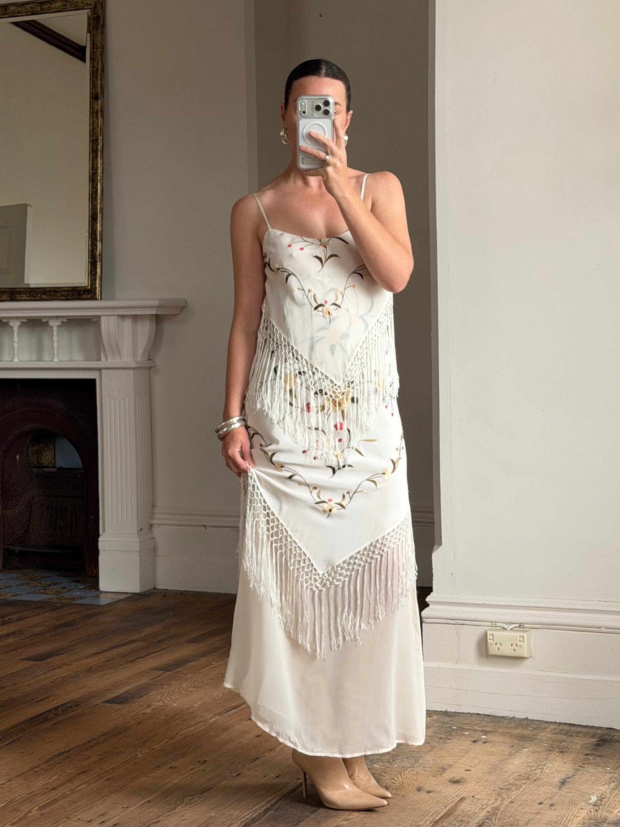 Vintage 90s Pure Silk Embroidered Fringe Maxi Dress Ivory