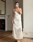 Vintage 90s Pure Silk Embroidered Fringe Maxi Dress Ivory
