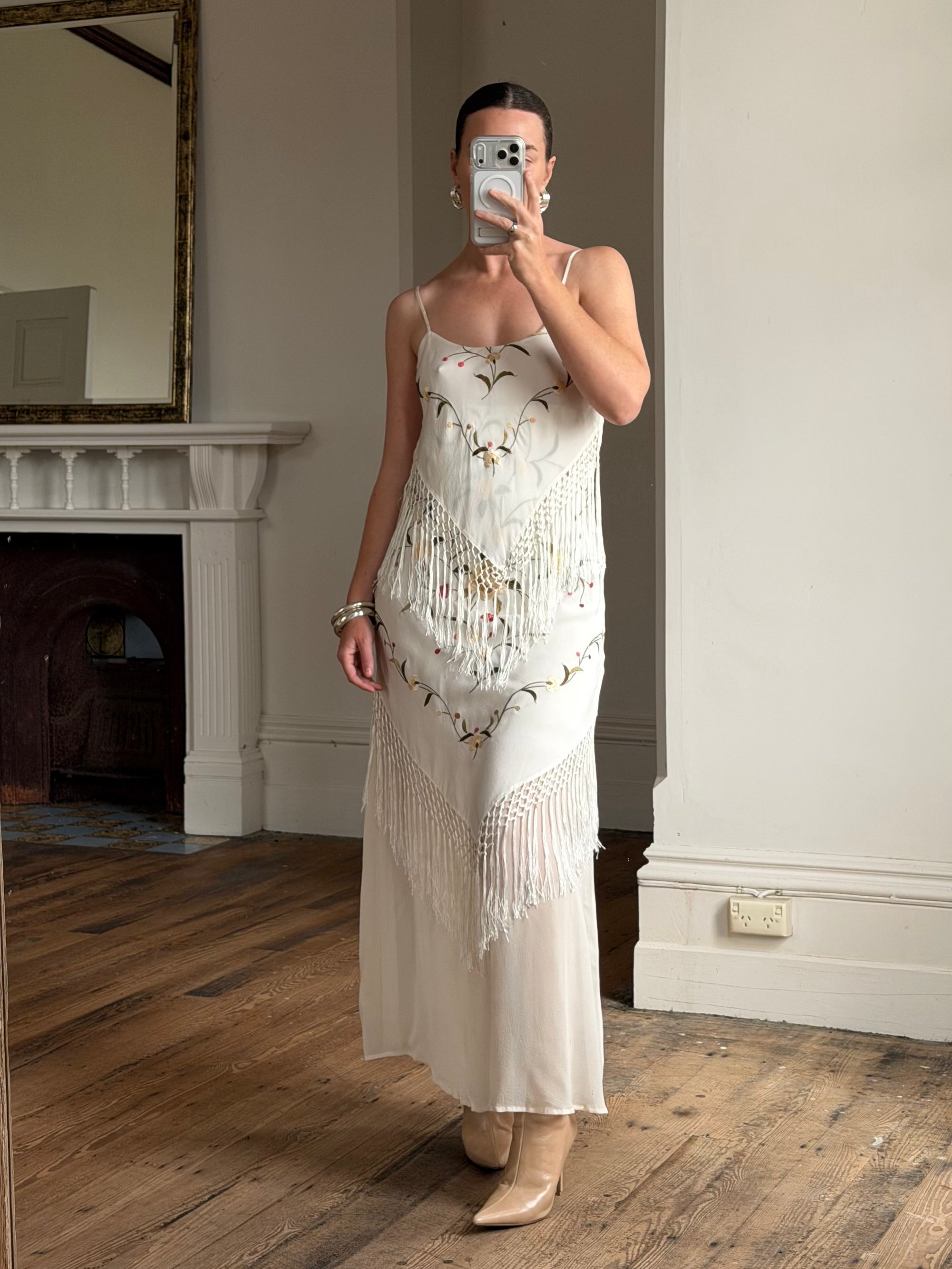 Vintage 90s Pure Silk Embroidered Fringe Maxi Dress Ivory