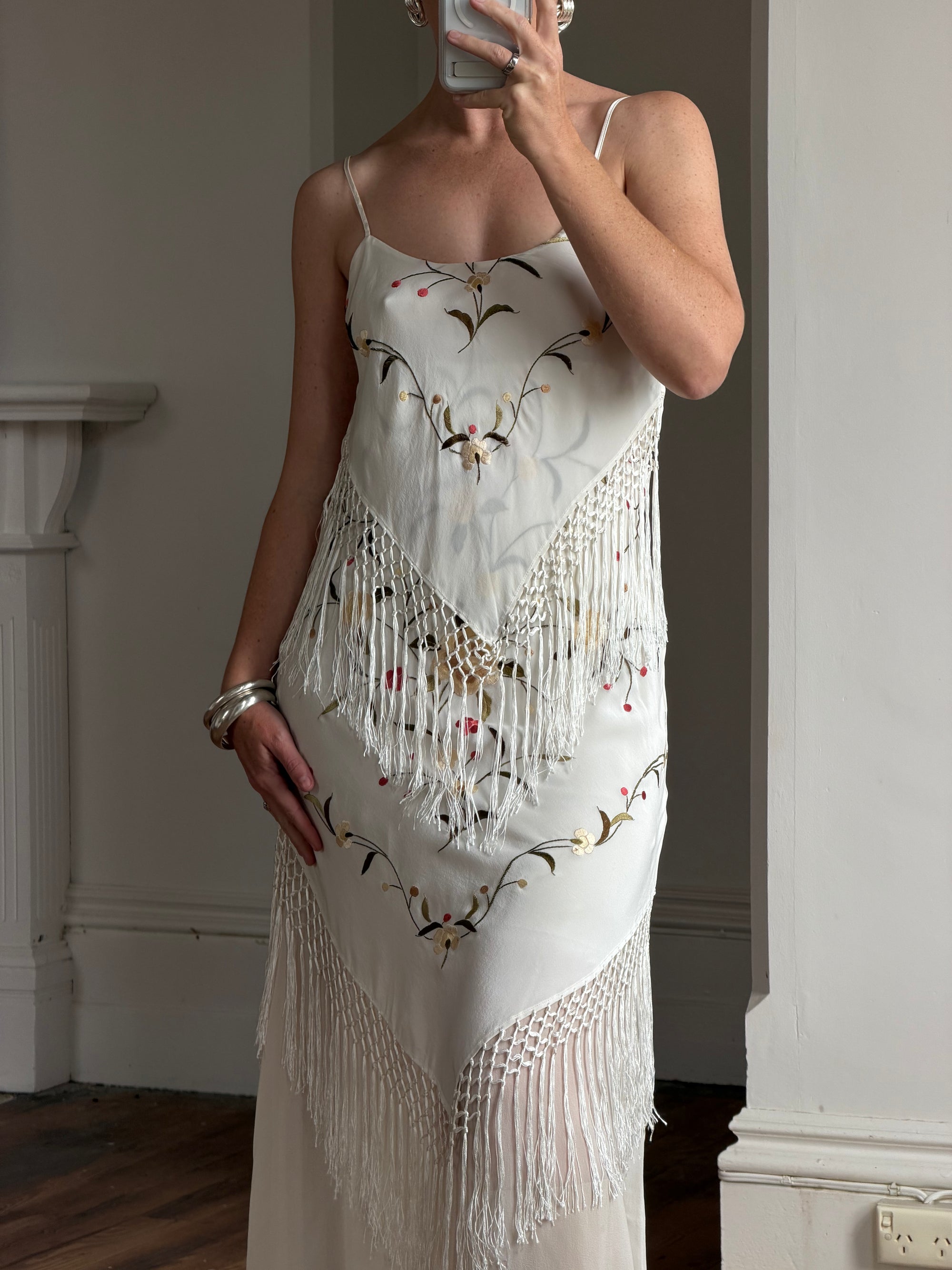 Vintage 90s Pure Silk Embroidered Fringe Maxi Dress Ivory