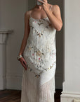 Vintage 90s Pure Silk Embroidered Fringe Maxi Dress Ivory