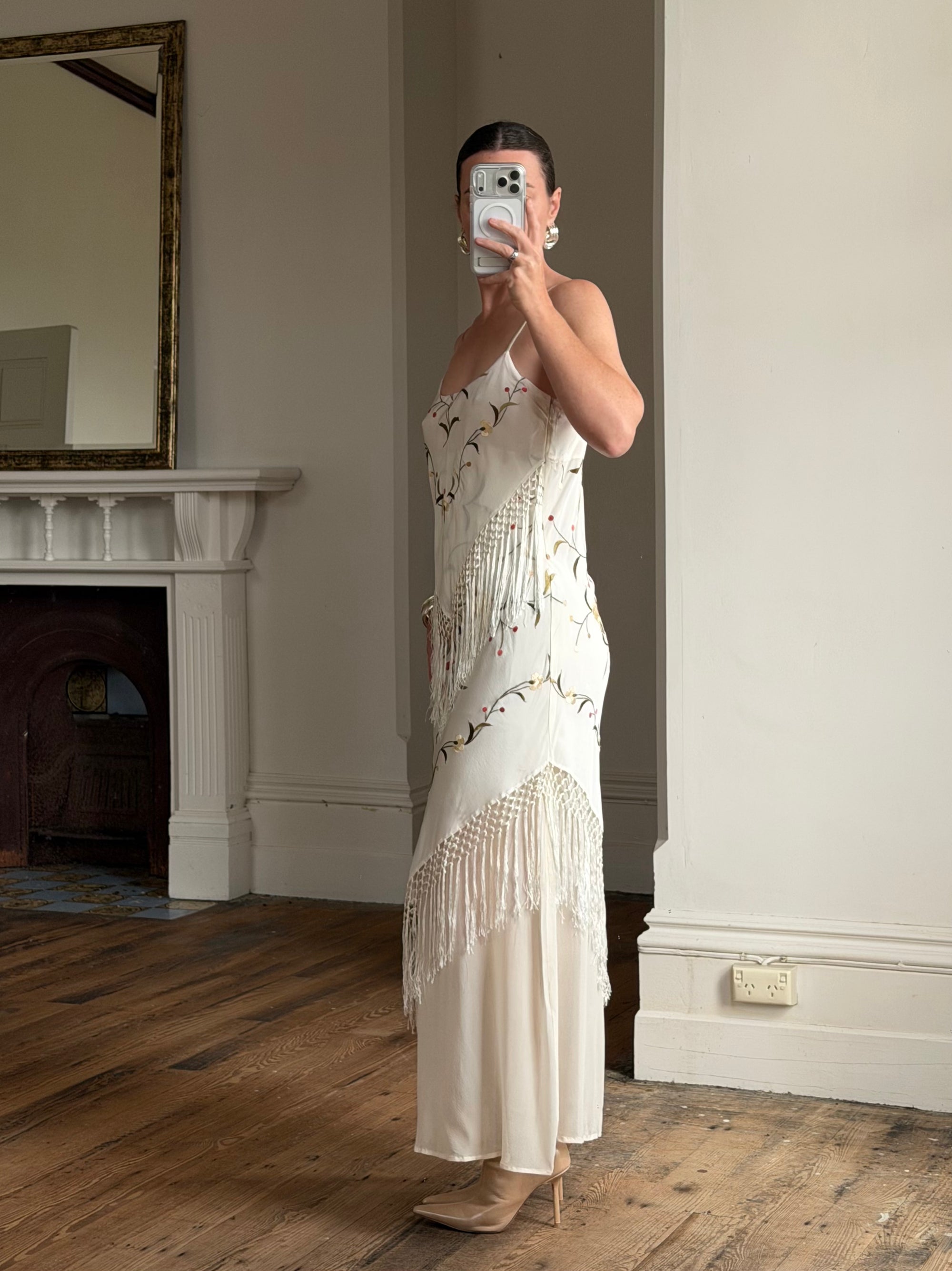 Vintage 90s Pure Silk Embroidered Fringe Maxi Dress Ivory