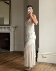 Vintage 90s Pure Silk Embroidered Fringe Maxi Dress Ivory