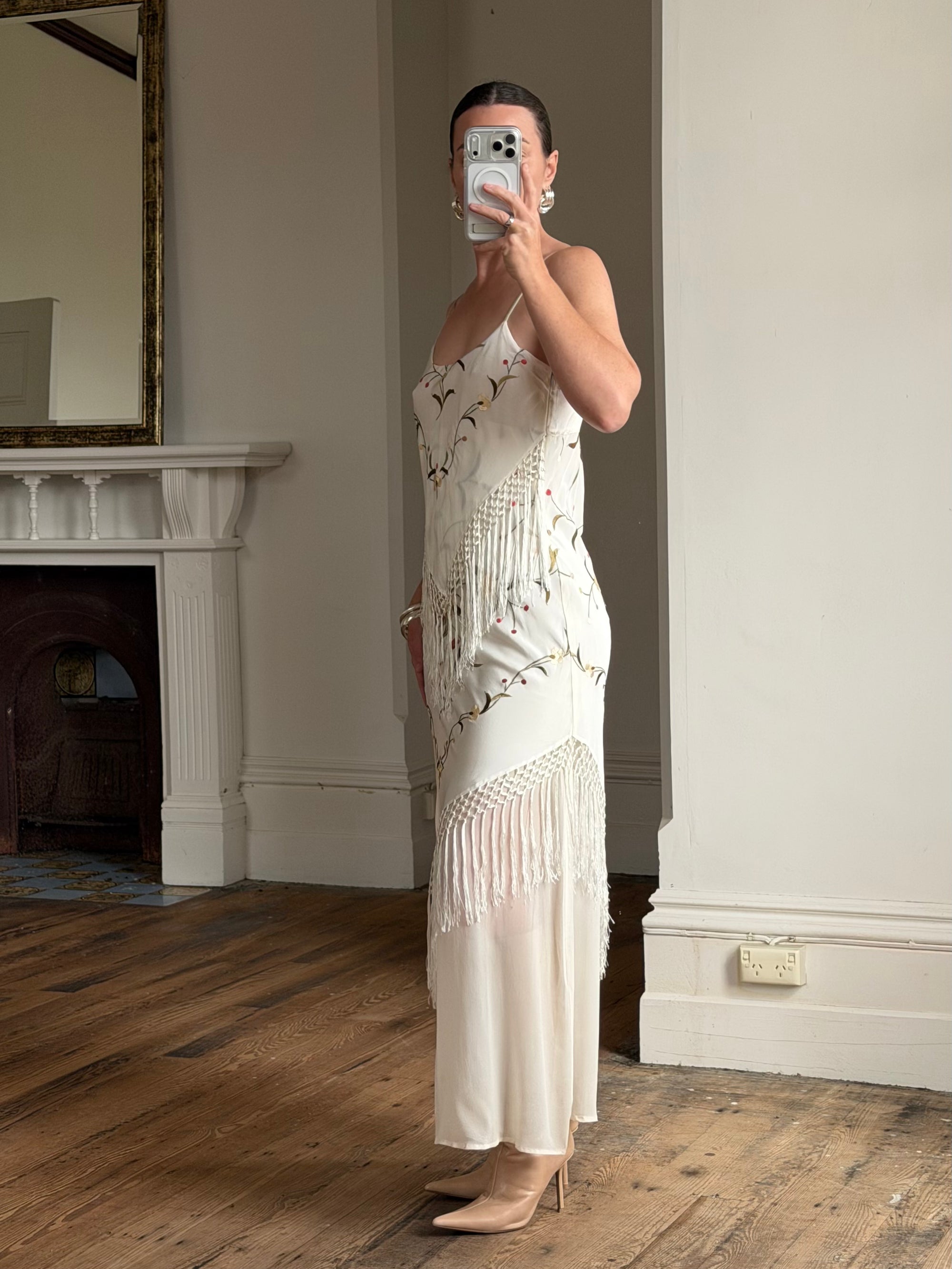 Vintage 90s Pure Silk Embroidered Fringe Maxi Dress Ivory
