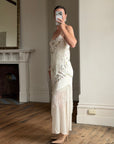 Vintage 90s Pure Silk Embroidered Fringe Maxi Dress Ivory