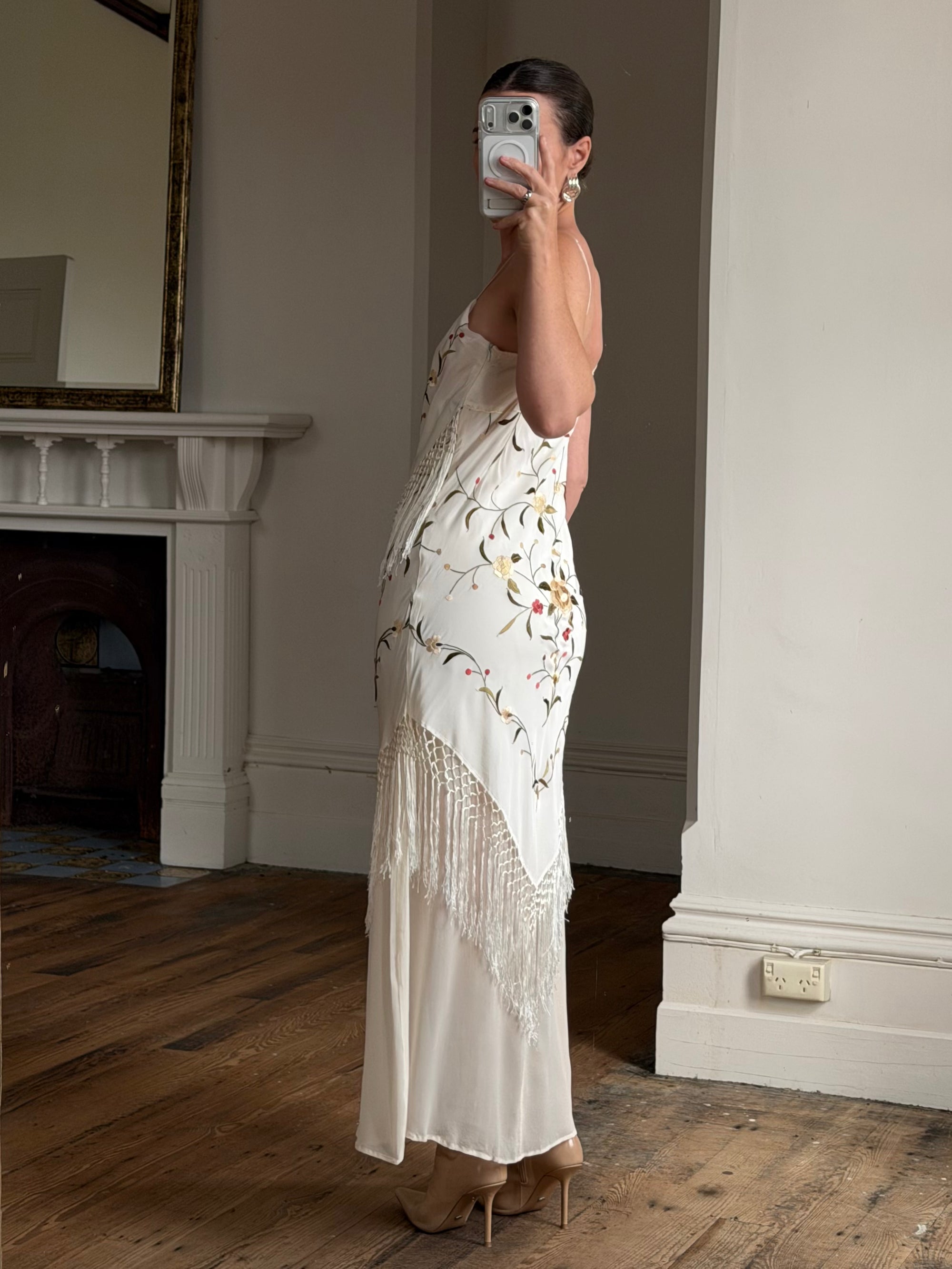 Vintage 90s Pure Silk Embroidered Fringe Maxi Dress Ivory