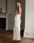 Vintage 90s Pure Silk Embroidered Fringe Maxi Dress Ivory