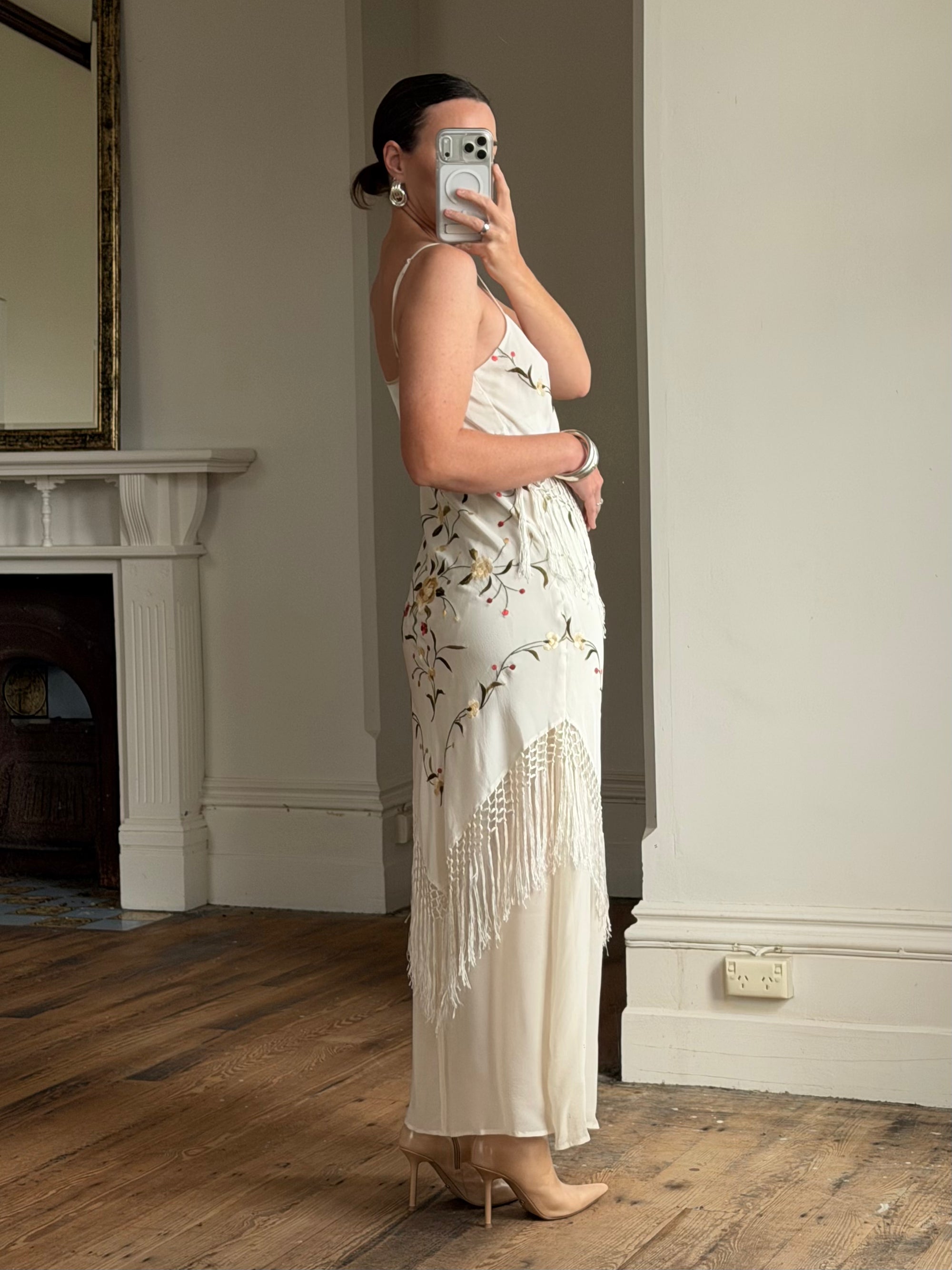 Vintage 90s Pure Silk Embroidered Fringe Maxi Dress Ivory