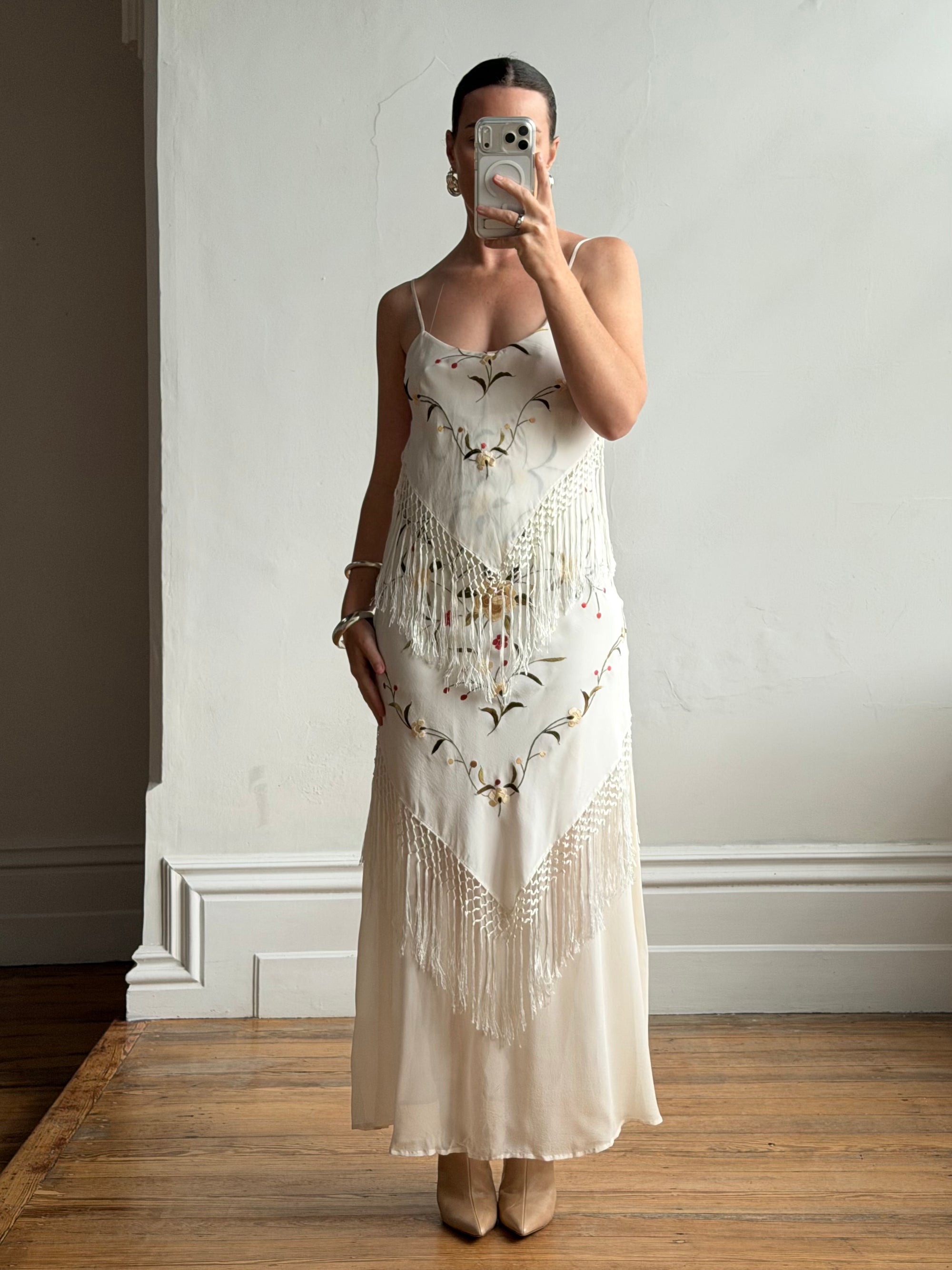 Vintage 90s Pure Silk Embroidered Fringe Maxi Dress Ivory