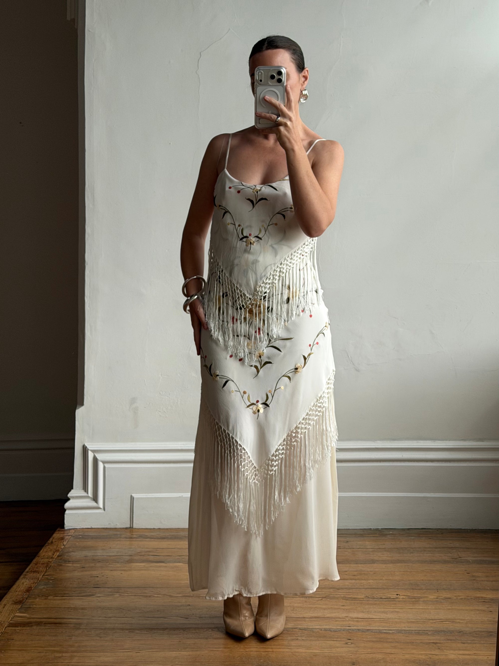 Vintage 90s Pure Silk Embroidered Fringe Maxi Dress Ivory