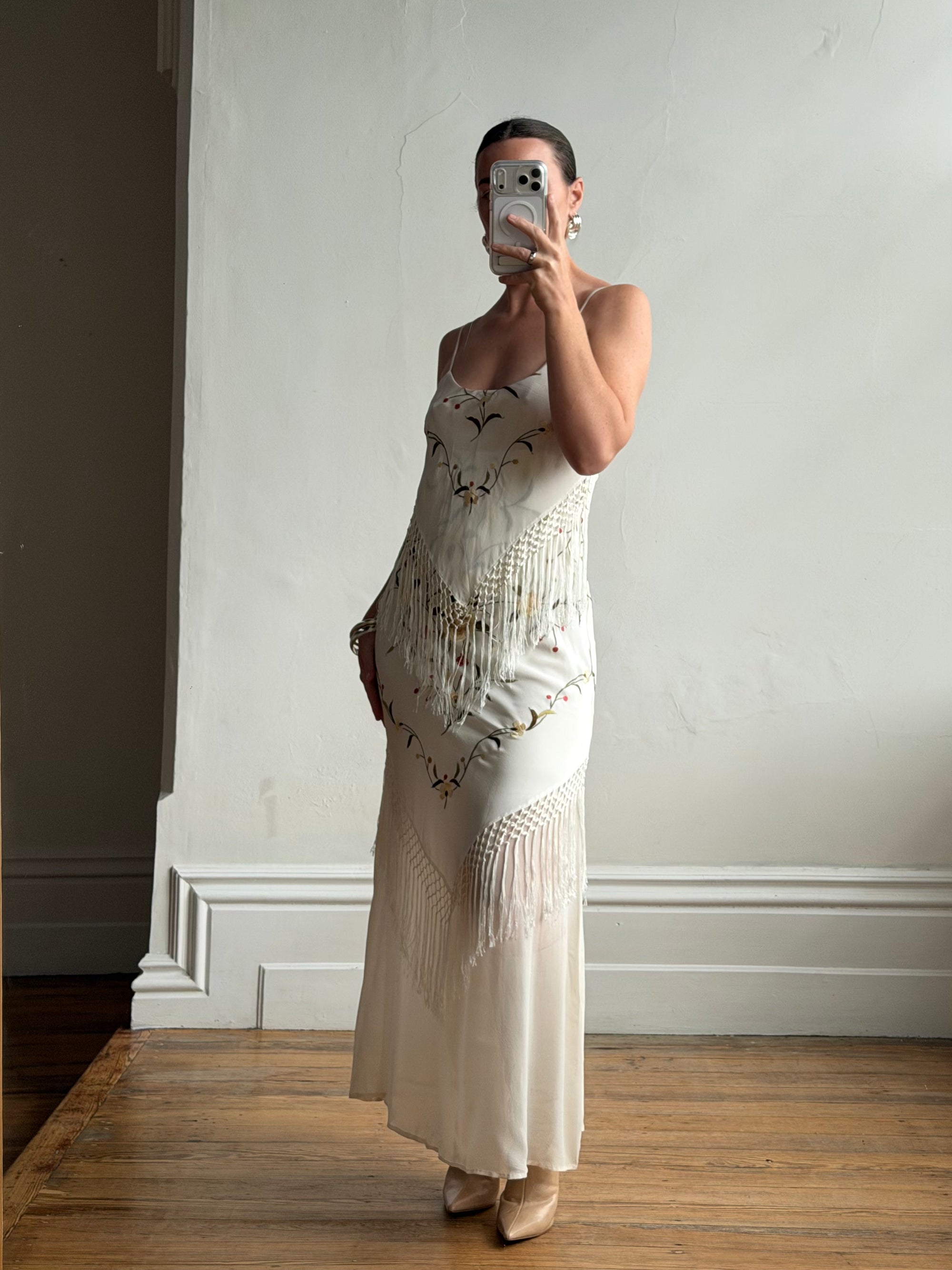 Vintage 90s Pure Silk Embroidered Fringe Maxi Dress Ivory