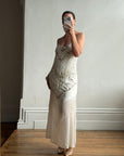 Vintage 90s Pure Silk Embroidered Fringe Maxi Dress Ivory