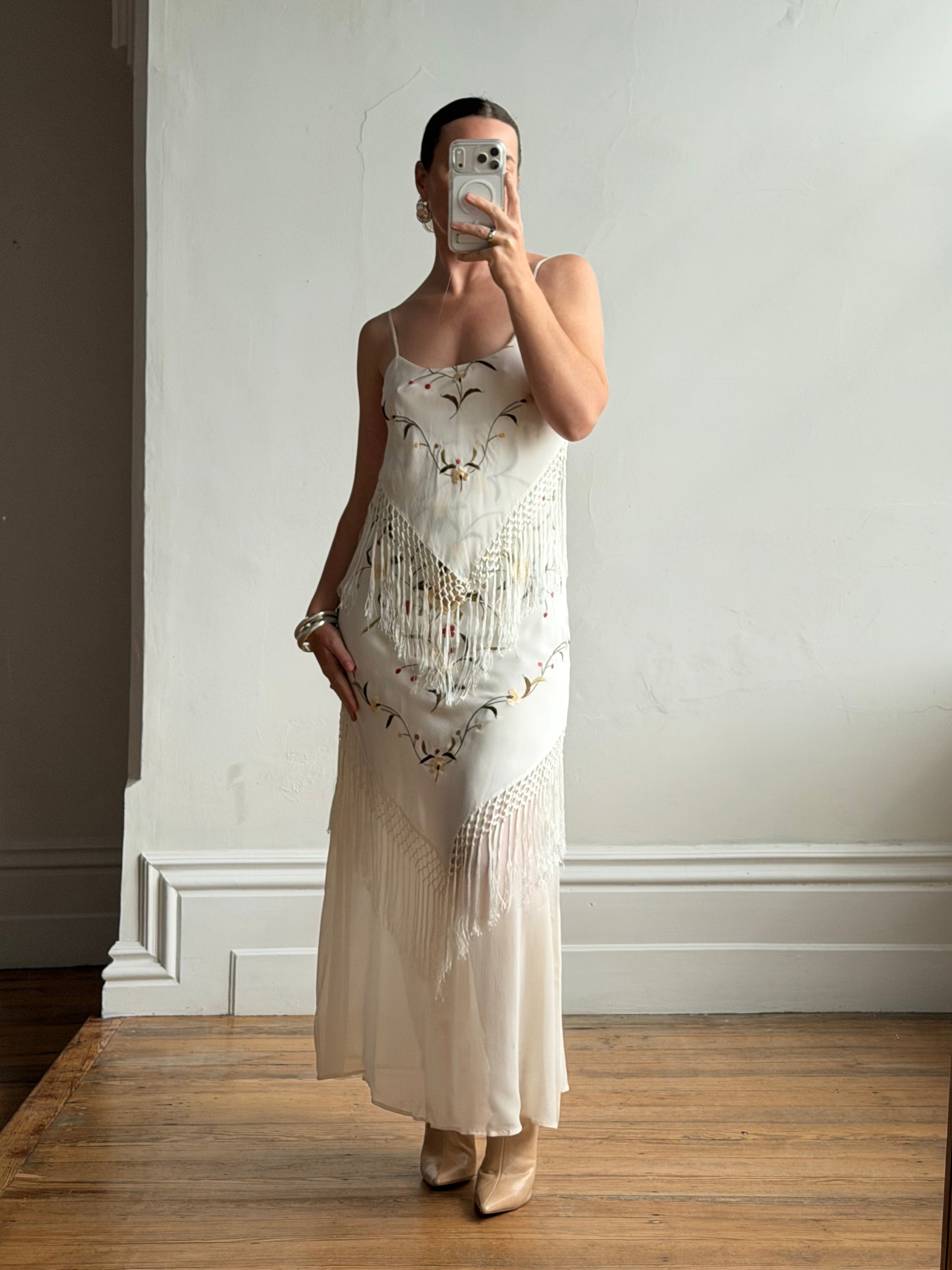 Vintage 90s Pure Silk Embroidered Fringe Maxi Dress Ivory