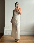 Vintage 90s Pure Silk Embroidered Fringe Maxi Dress Ivory