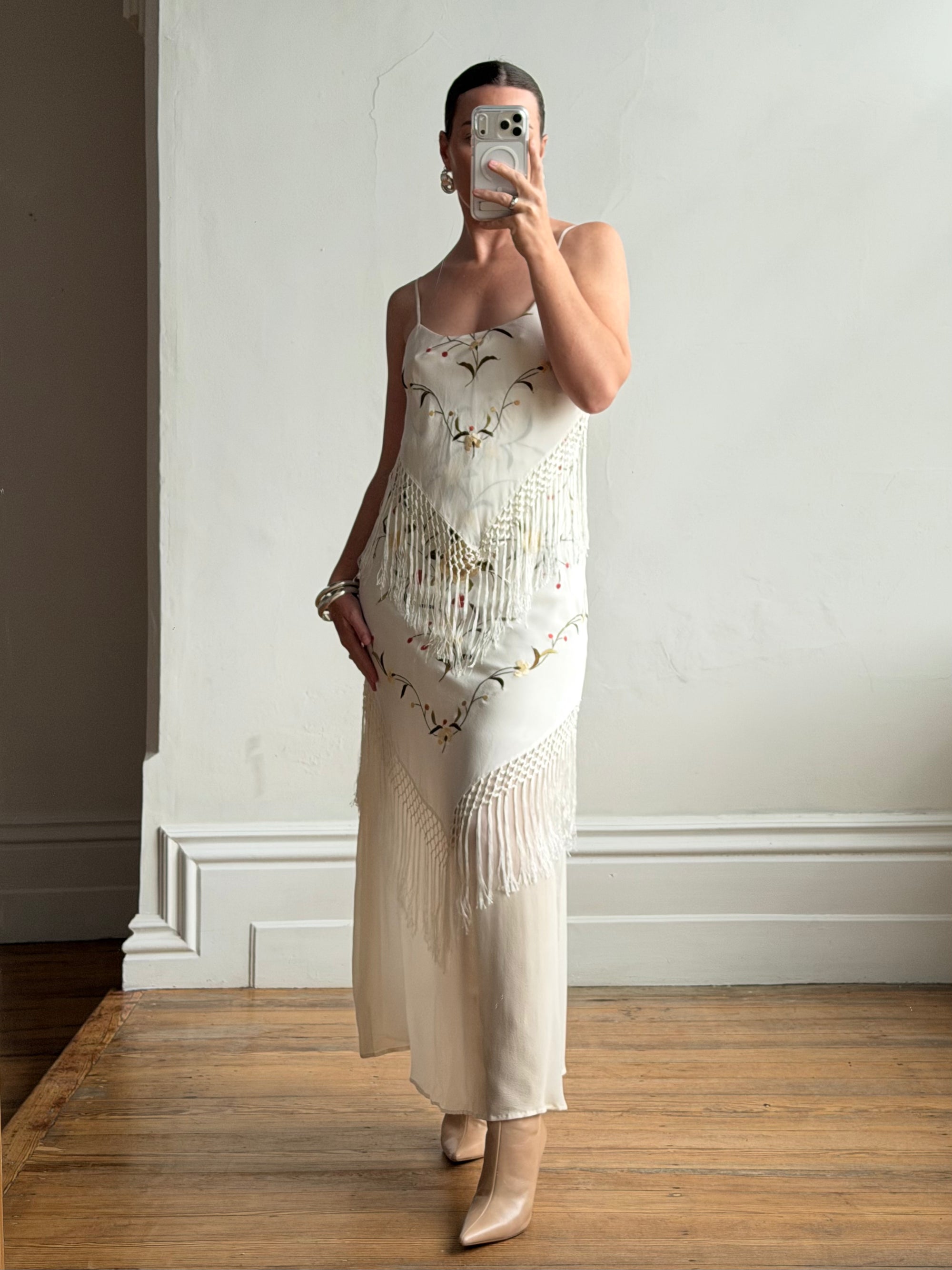 Vintage 90s Pure Silk Embroidered Fringe Maxi Dress Ivory