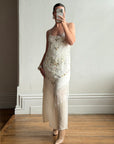 Vintage 90s Pure Silk Embroidered Fringe Maxi Dress Ivory