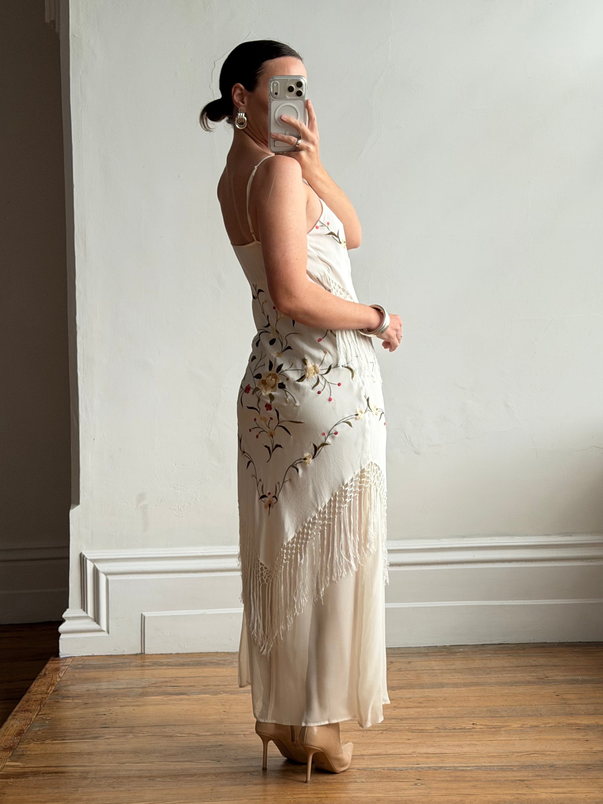 Vintage 90s Pure Silk Embroidered Fringe Maxi Dress Ivory