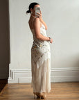 Vintage 90s Pure Silk Embroidered Fringe Maxi Dress Ivory