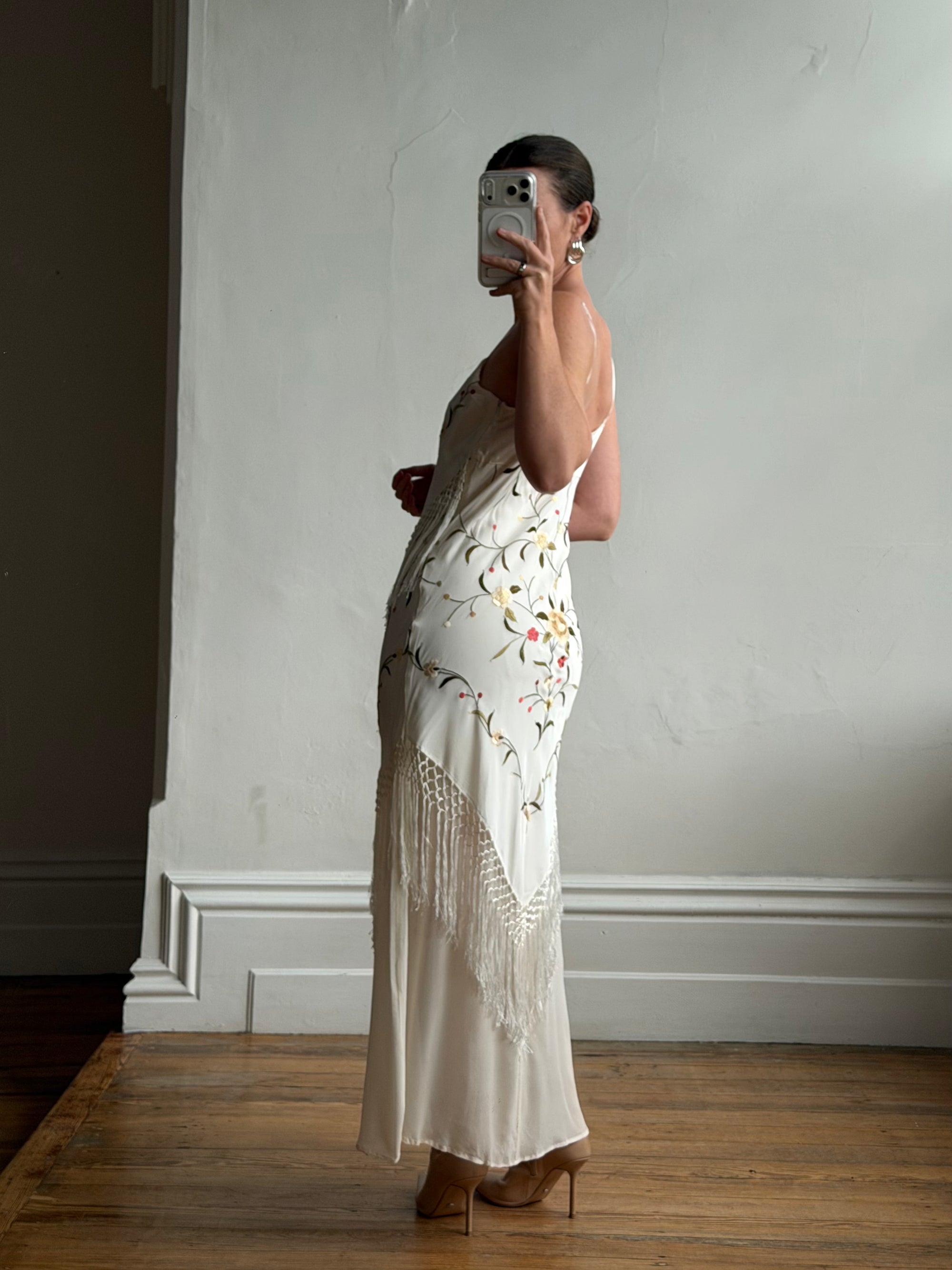 Vintage 90s Pure Silk Embroidered Fringe Maxi Dress Ivory